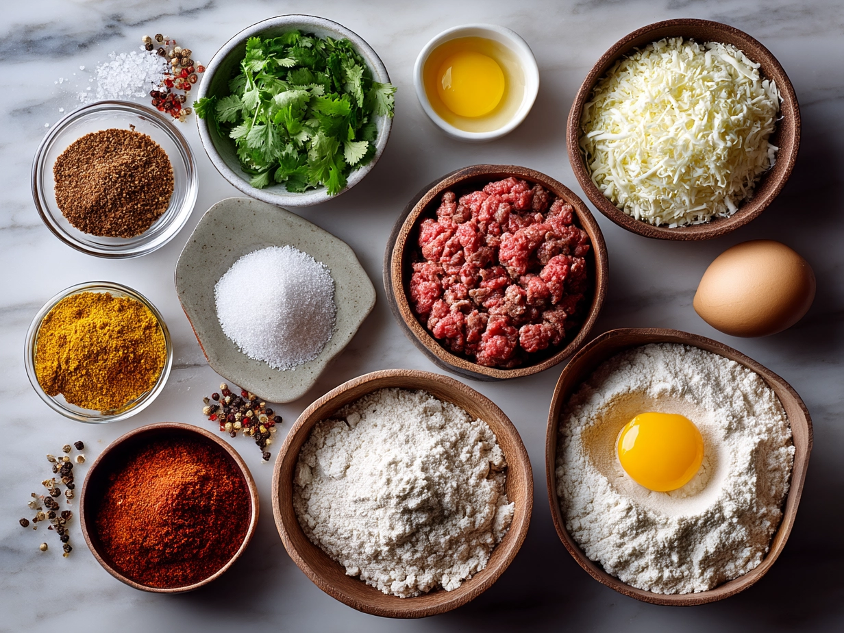 Raw ingredients for Ground Beef Enchiladas arranged on a table including cheese, ground beef, corn tortillas, spices, and enchilada sauce