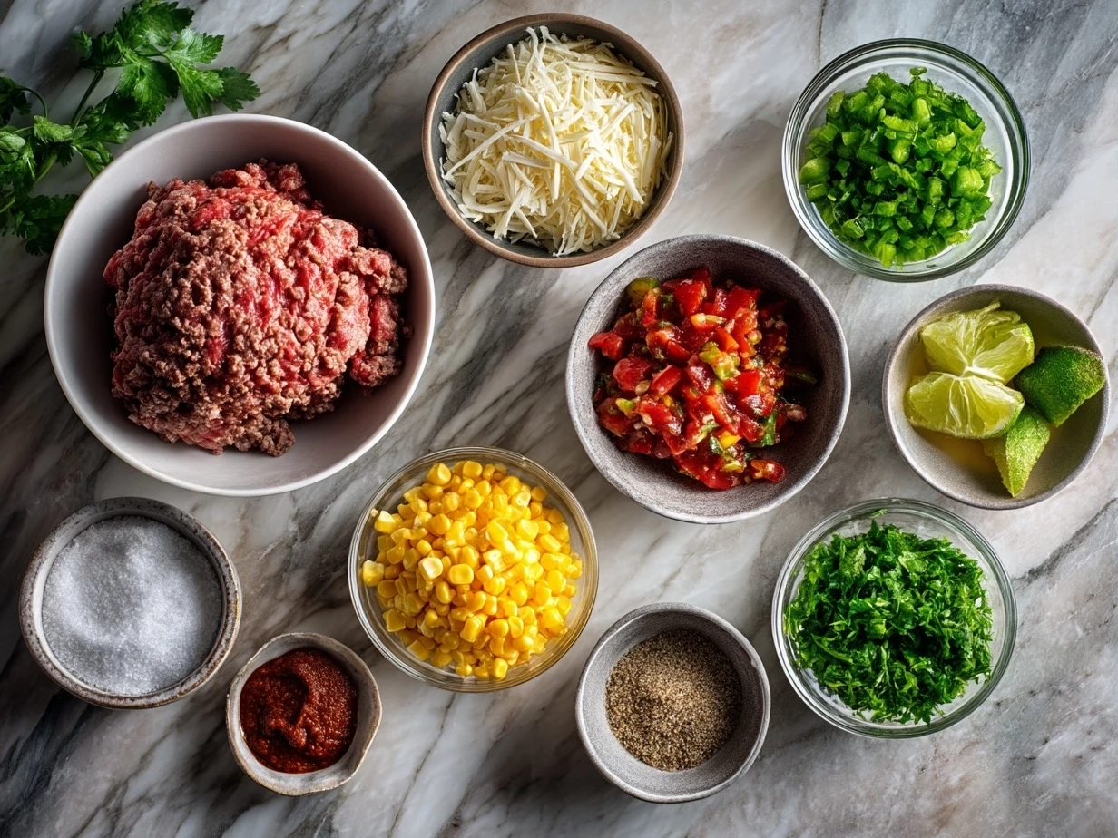 Top down raw ingredients for Ground Beef Salsa Corn Roll Ups on marble countertop showing organized mise en place