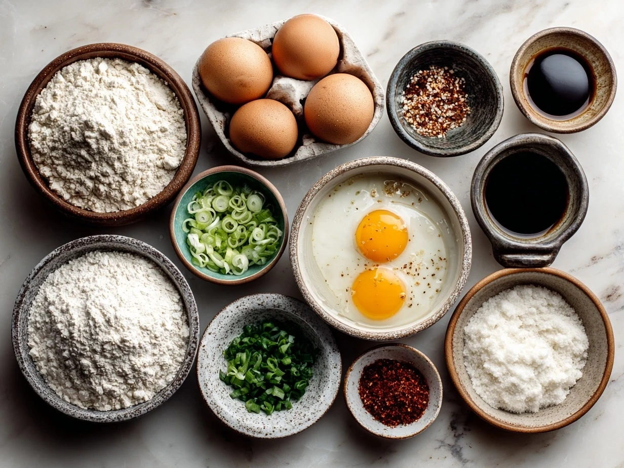 Top down view of raw ingredients for hashbrown breakfast casserole including sausage, cheese, eggs, and hashbrowns