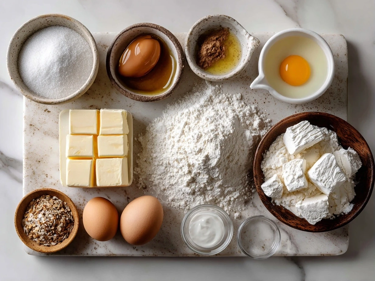 Top down view of raw ingredients for homemade cream puffs including flour, butter, eggs, milk, sugar, and vanilla