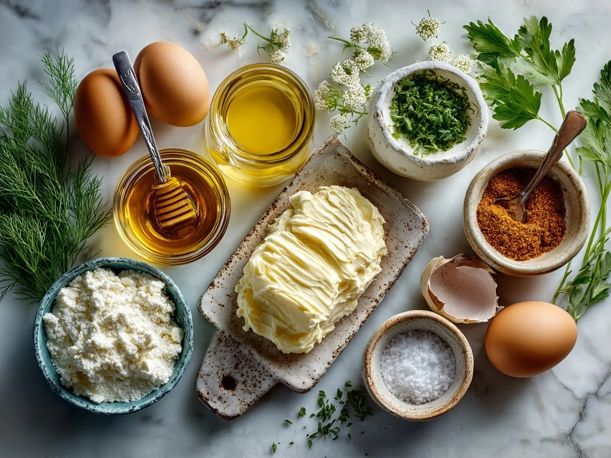 Top down view of raw ingredients for homemade mayonnaise on marble surface