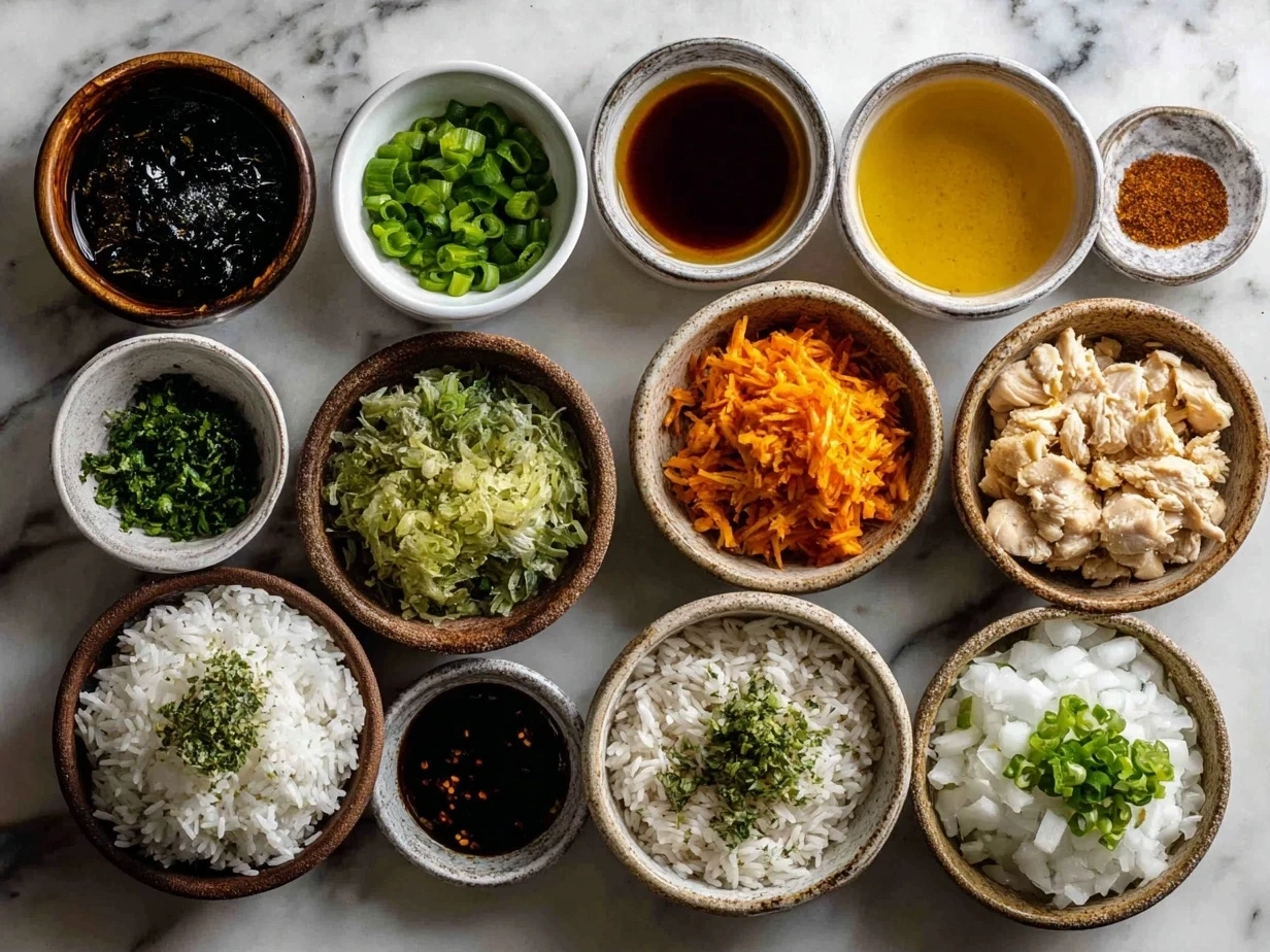 Top down view of raw ingredients for honey sriracha chicken rice bowls, including chicken thighs, honey, sriracha, garlic, and rice