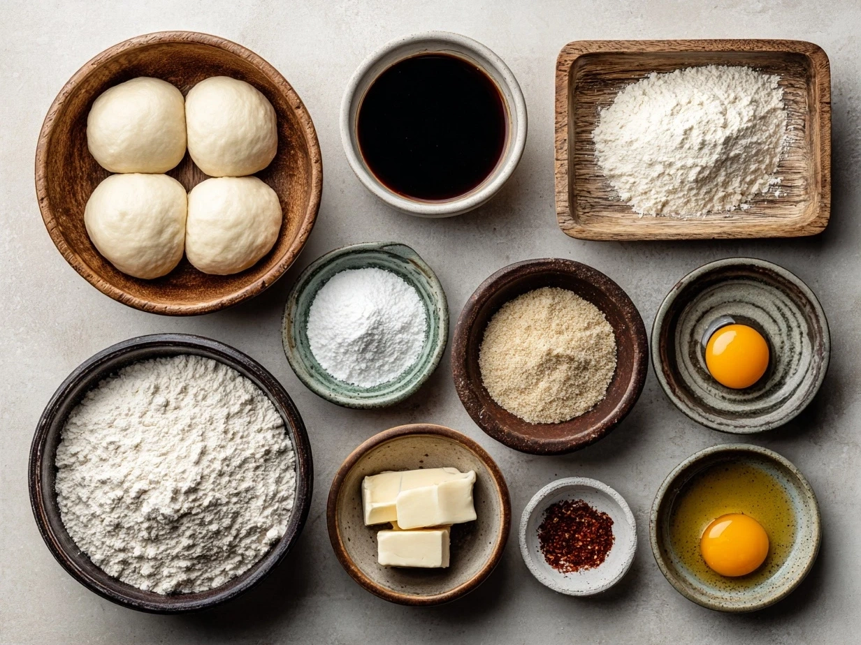 Top down view of raw ingredients for Japanese Milk Bread Rolls on kitchen counter