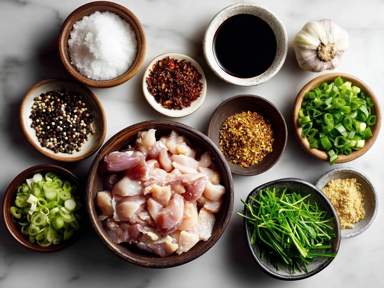 Top down image of raw ingredients for Japanese Yakitori Grilled Chicken on marble counter, kitchen mise en place