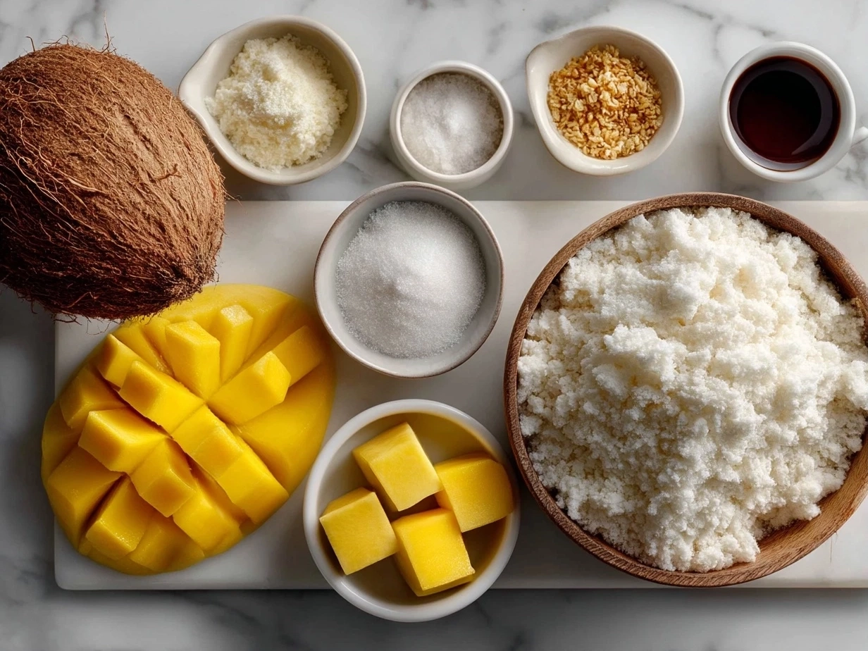 Top down view of raw ingredients for Mango Sticky Rice on marble