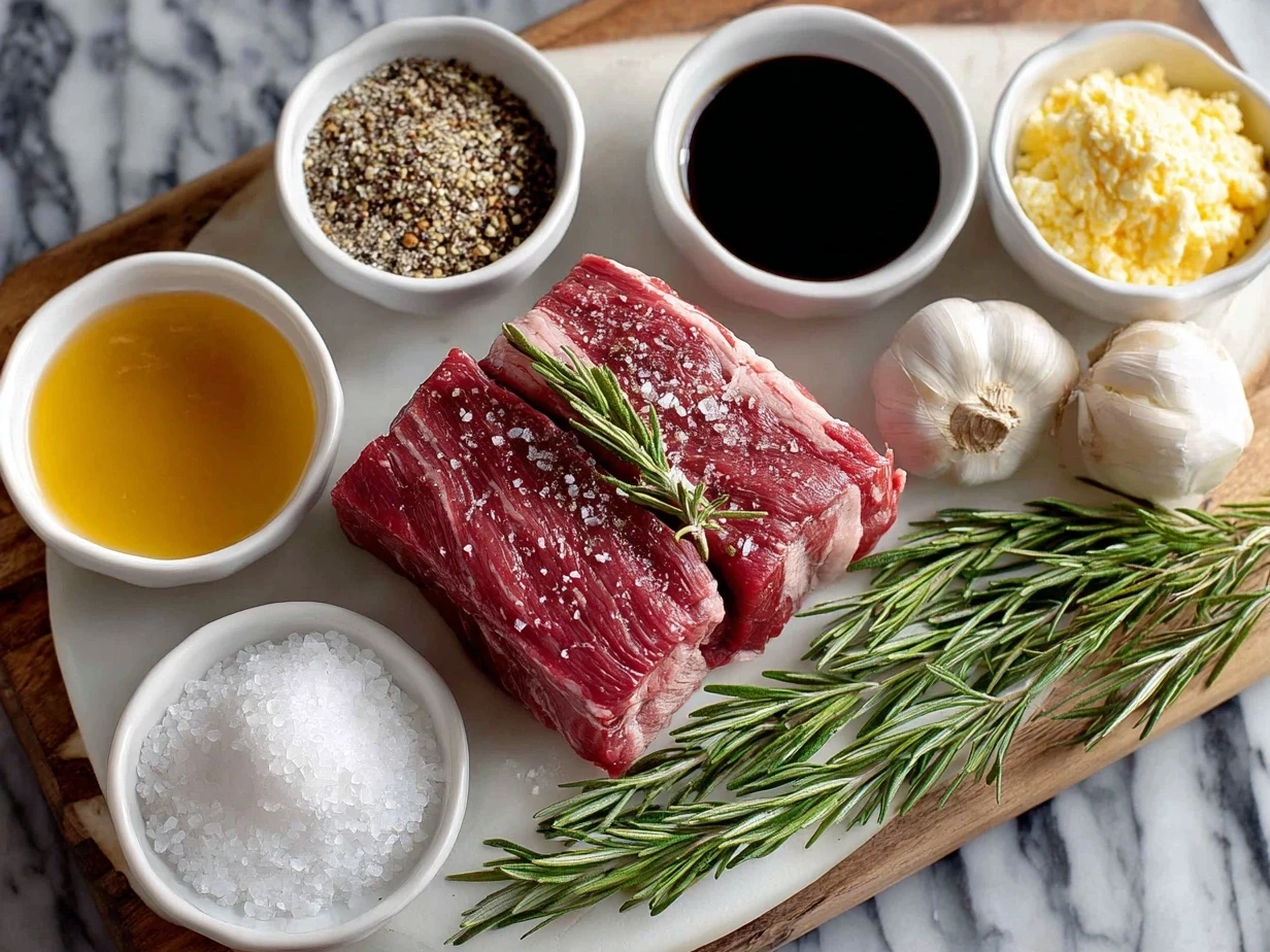 Top down view of raw ingredients for maple Dijon glazed beef tenderloin, including beef tenderloin, maple syrup, Dijon mustard, olive oil, garlic, smoked paprika, pepper, salt, and rosemary sprigs