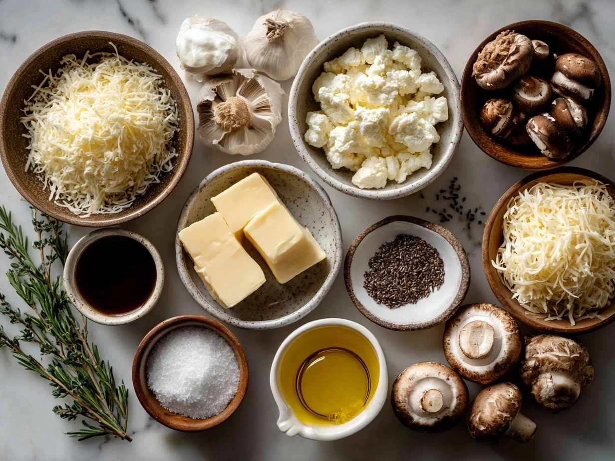 Top down view of raw ingredients for Mushroom Gruyere Pasta including mushrooms, cheese, pasta, and herbs