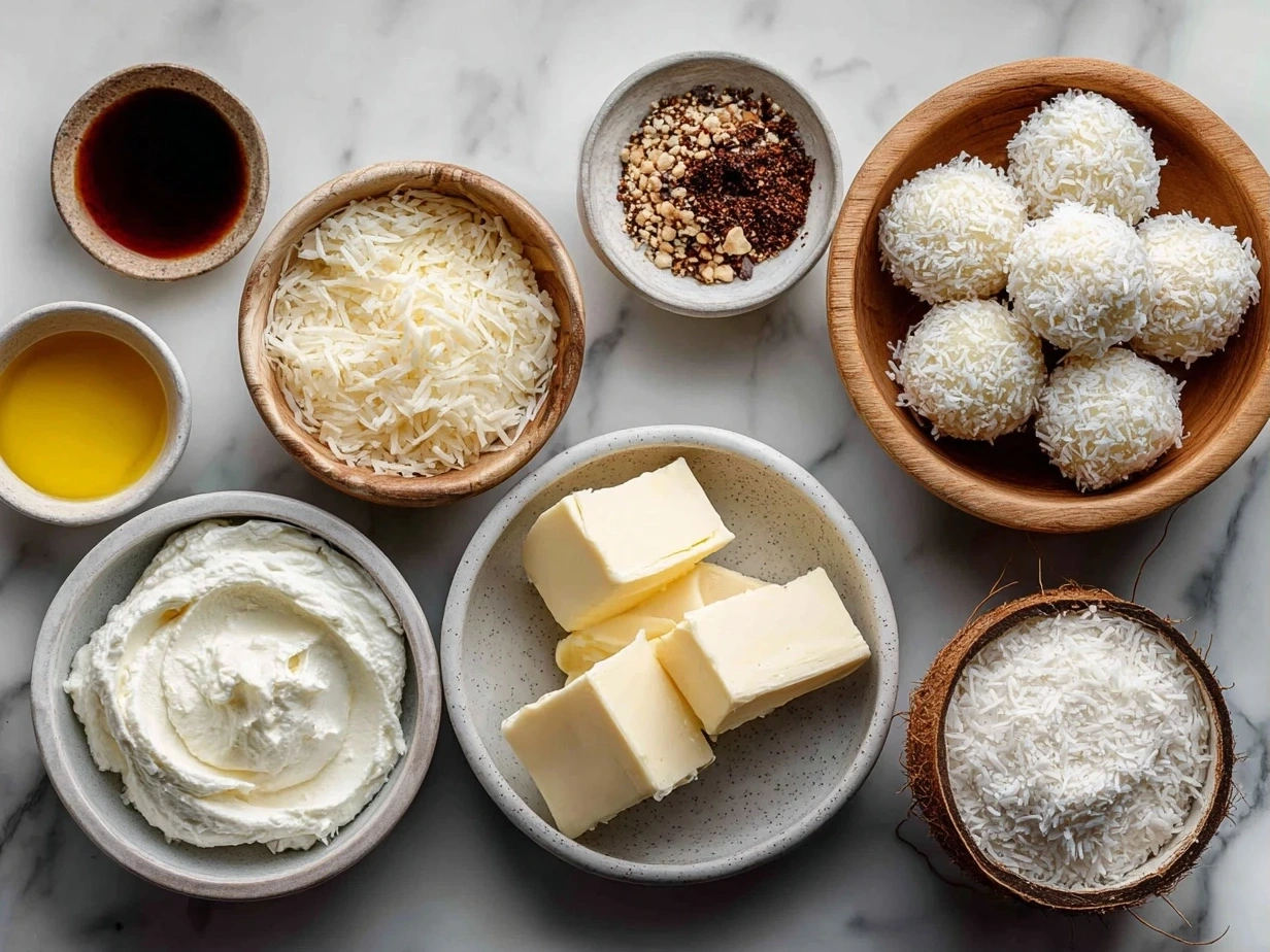 Top-down display of raw ingredients for No-Bake Coconut Balls with Cream Cheese including cream cheese, shredded coconut, powdered sugar, vanilla, honey, salt, and optional nuts