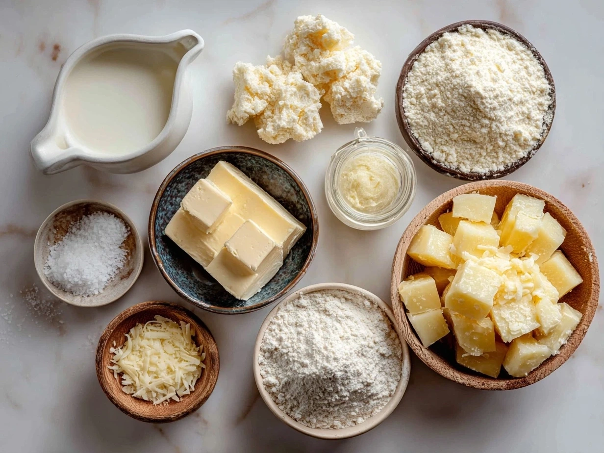 Top-down view of raw ingredients for parmesan potatoes on marble surface