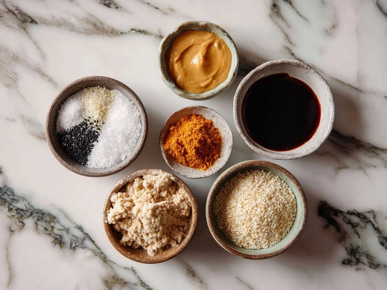Top down raw ingredients for peanut sauce on marble, modern kitchen organized mise en place