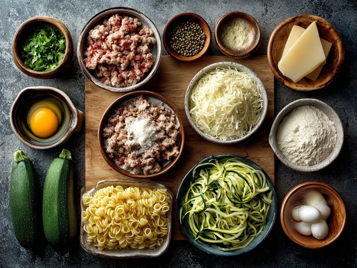 Top down view of raw ingredients for Sausage and Courgette Pasta on marble surface
