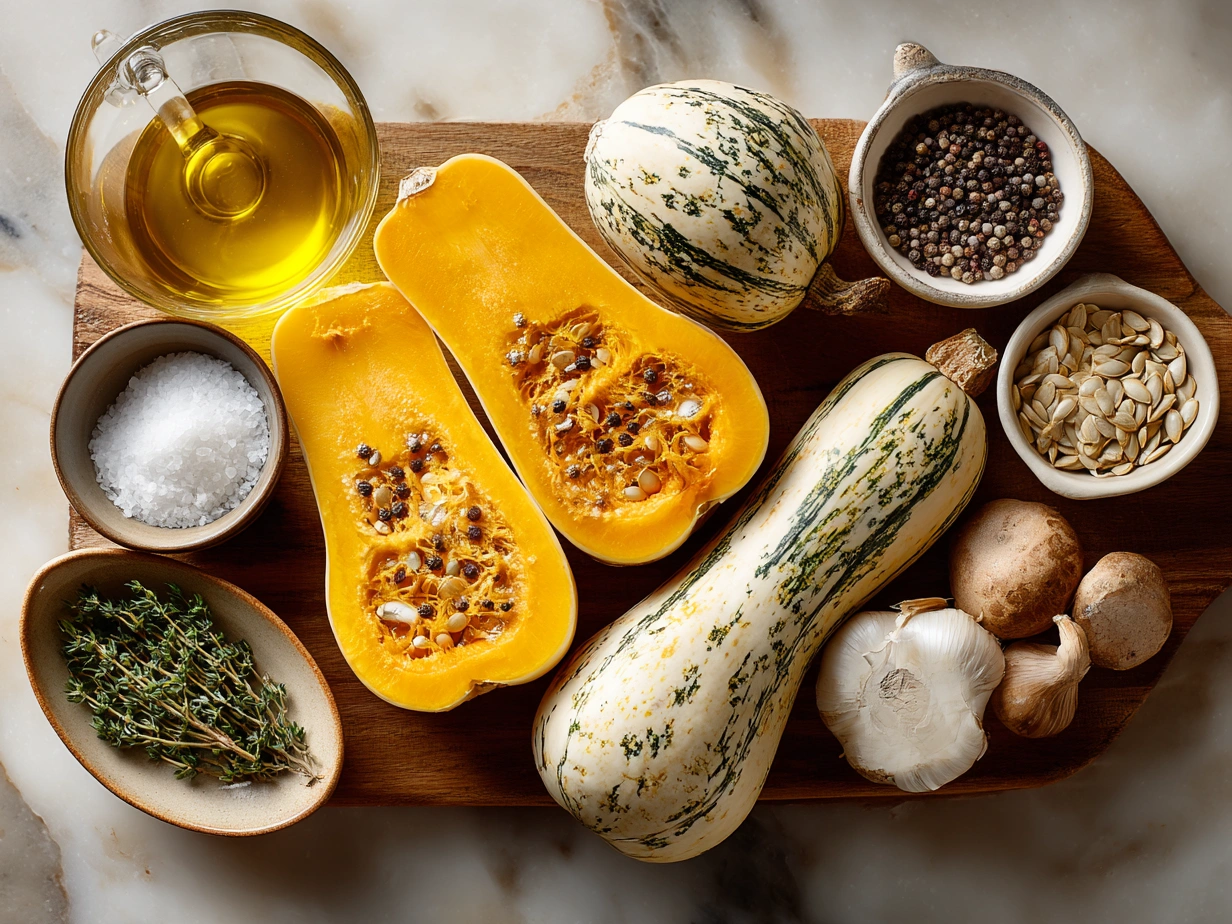 Top down view of raw ingredients for Simanim Stuffed Butternut Squash neatly arranged on a marble kitchen surface