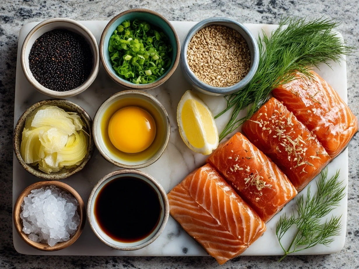 Top down view of fresh ingredients for Tahini Honey Poached Salmon including salmon fillets, tahini, honey, lemon, garlic, and spices