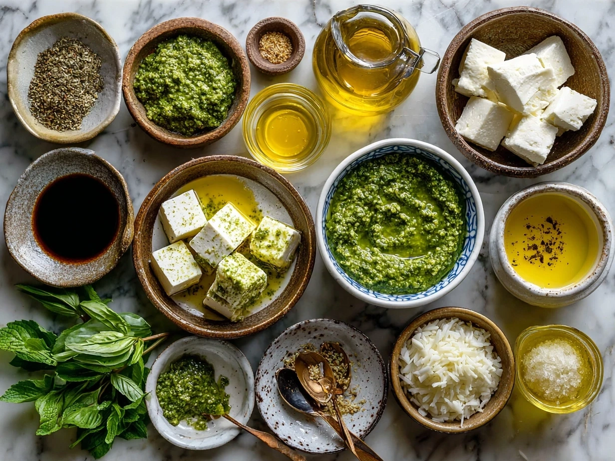 Top-down raw ingredients for TikTok Baked Feta Pasta with Pesto on marble surface