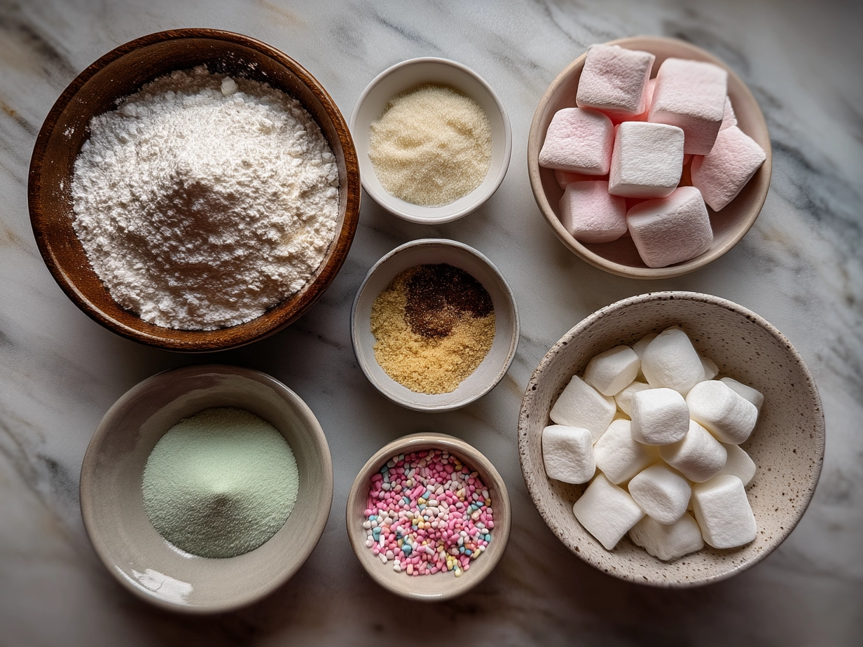 Top down view of raw ingredients for Valentines Day Muddy Buddies including Chex cereal, chocolate chips, peanut butter, butter, powdered sugar, and vanilla