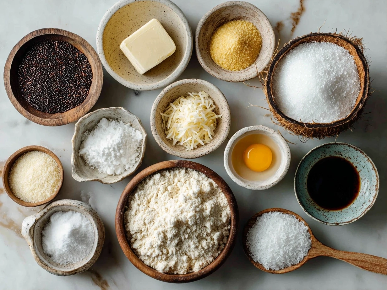 Ingredients for Toasted Coconut Shortbread Cookie arranged on marble surface