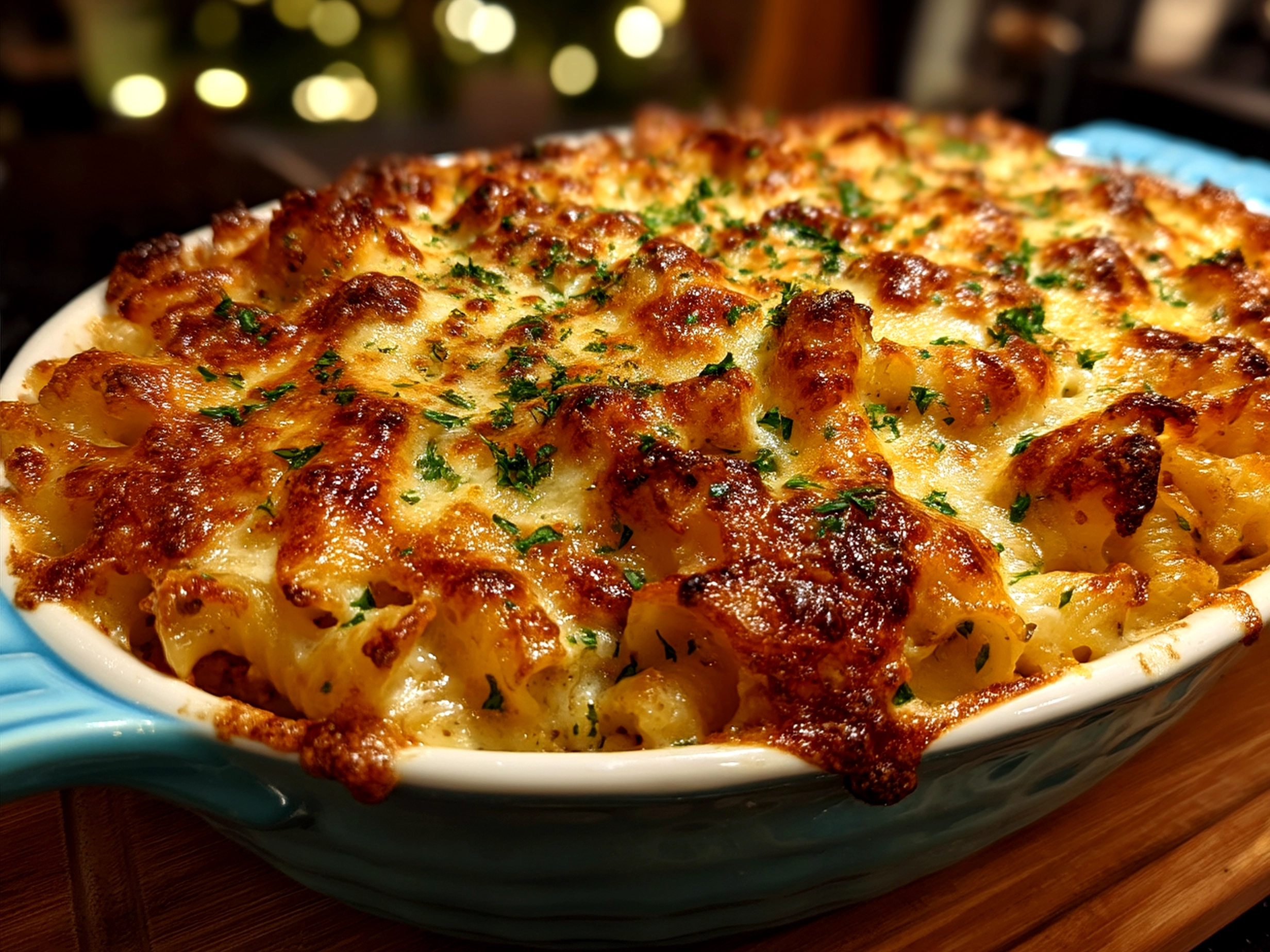 Golden baked Tuna Noodle Casserole served in a dish