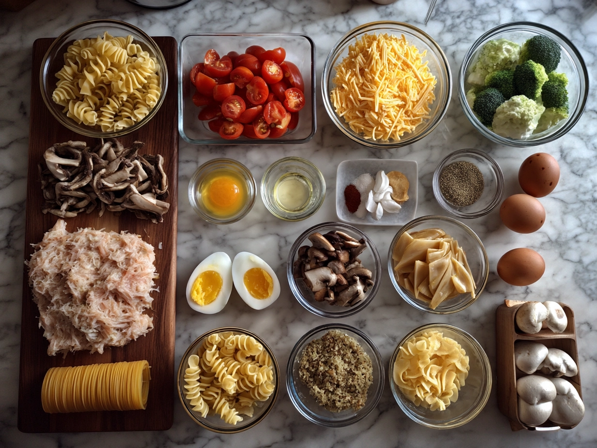 Ingredients for Tuna Noodle Casserole on a kitchen table