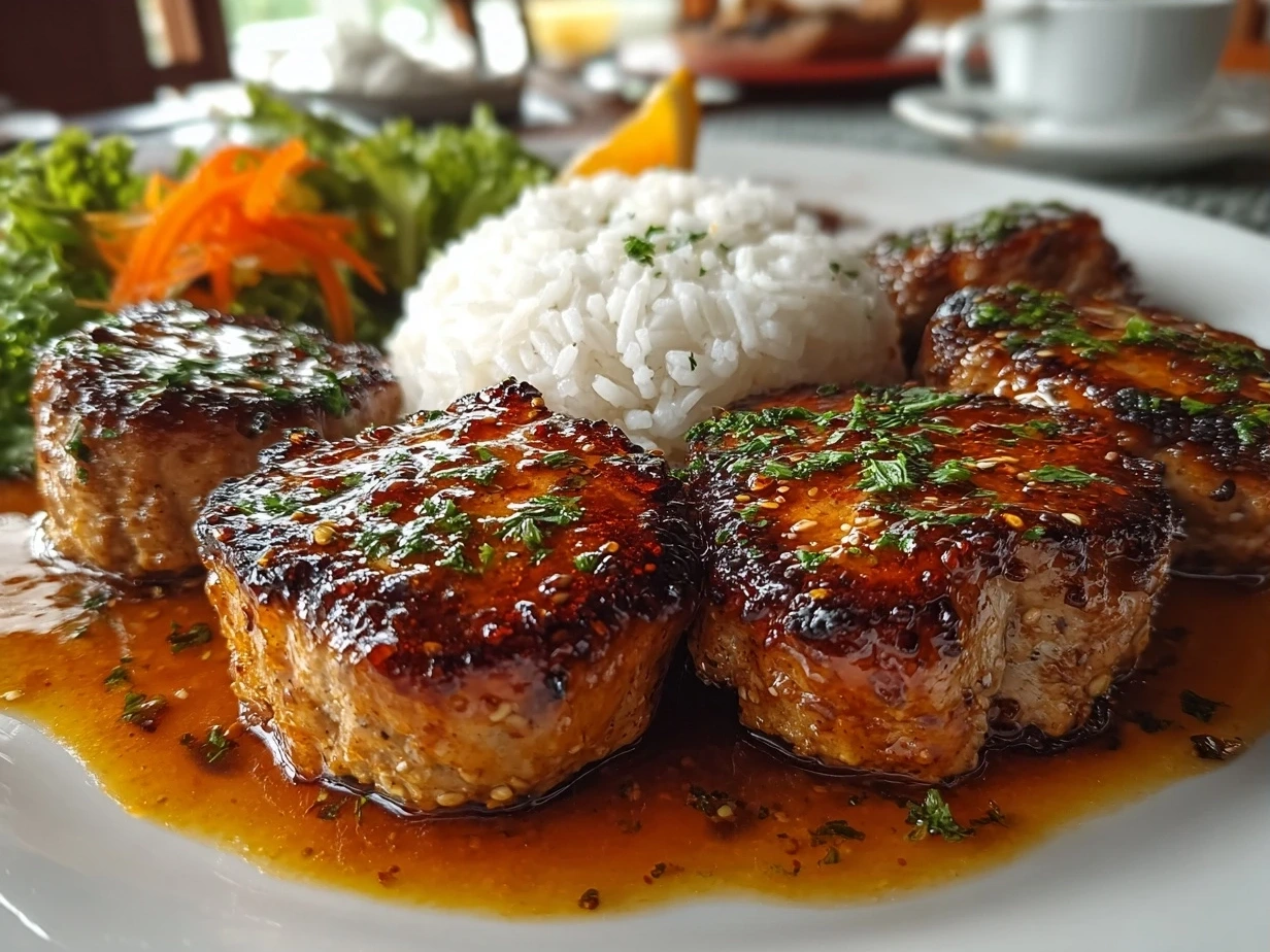 Finished Turkey Medallions with Orange Teriyaki Sauce garnished with sesame seeds and green onions