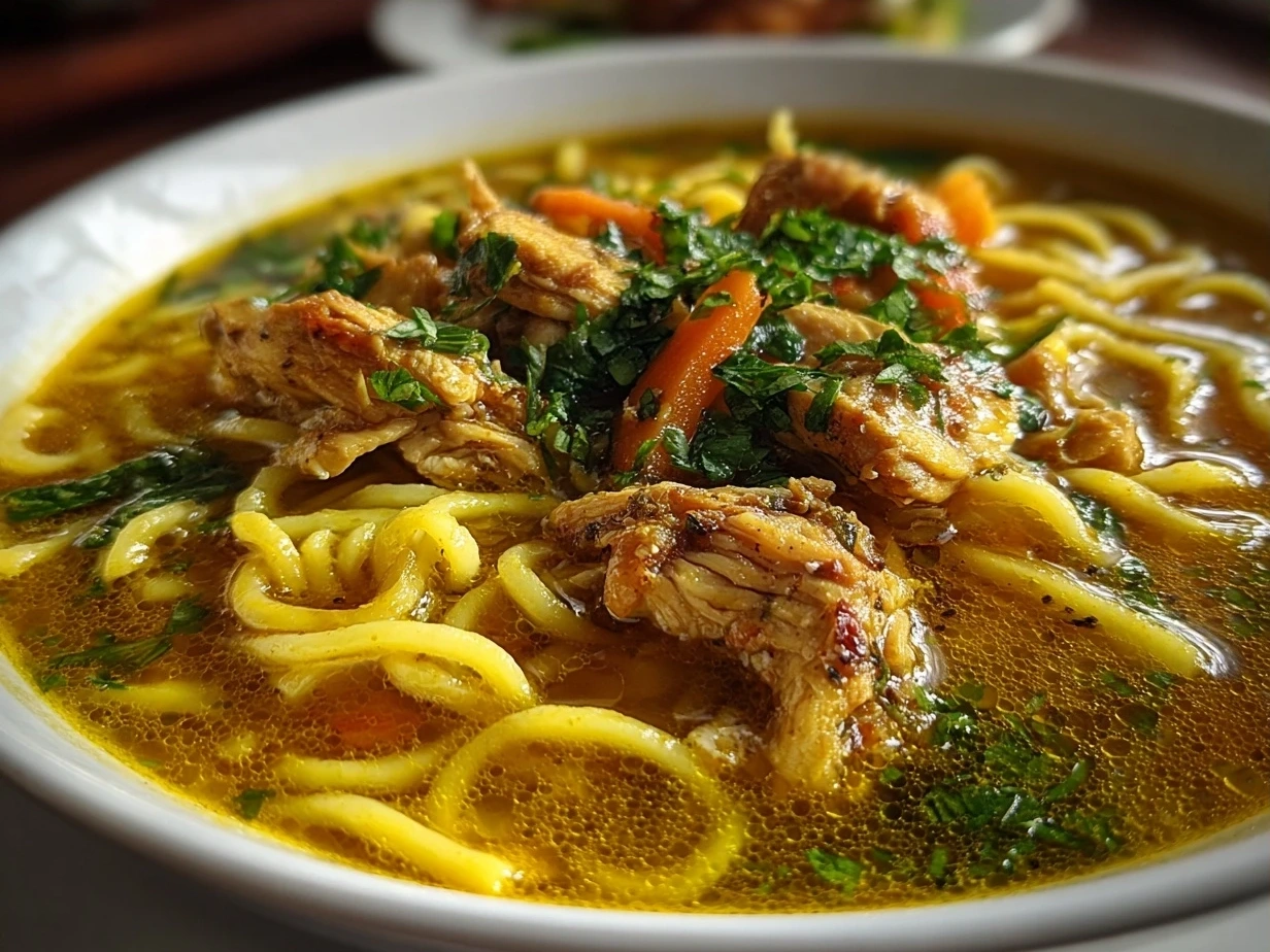 Final bowl of Turmeric Ginger Chicken Noodle Soup garnished with fresh parsley