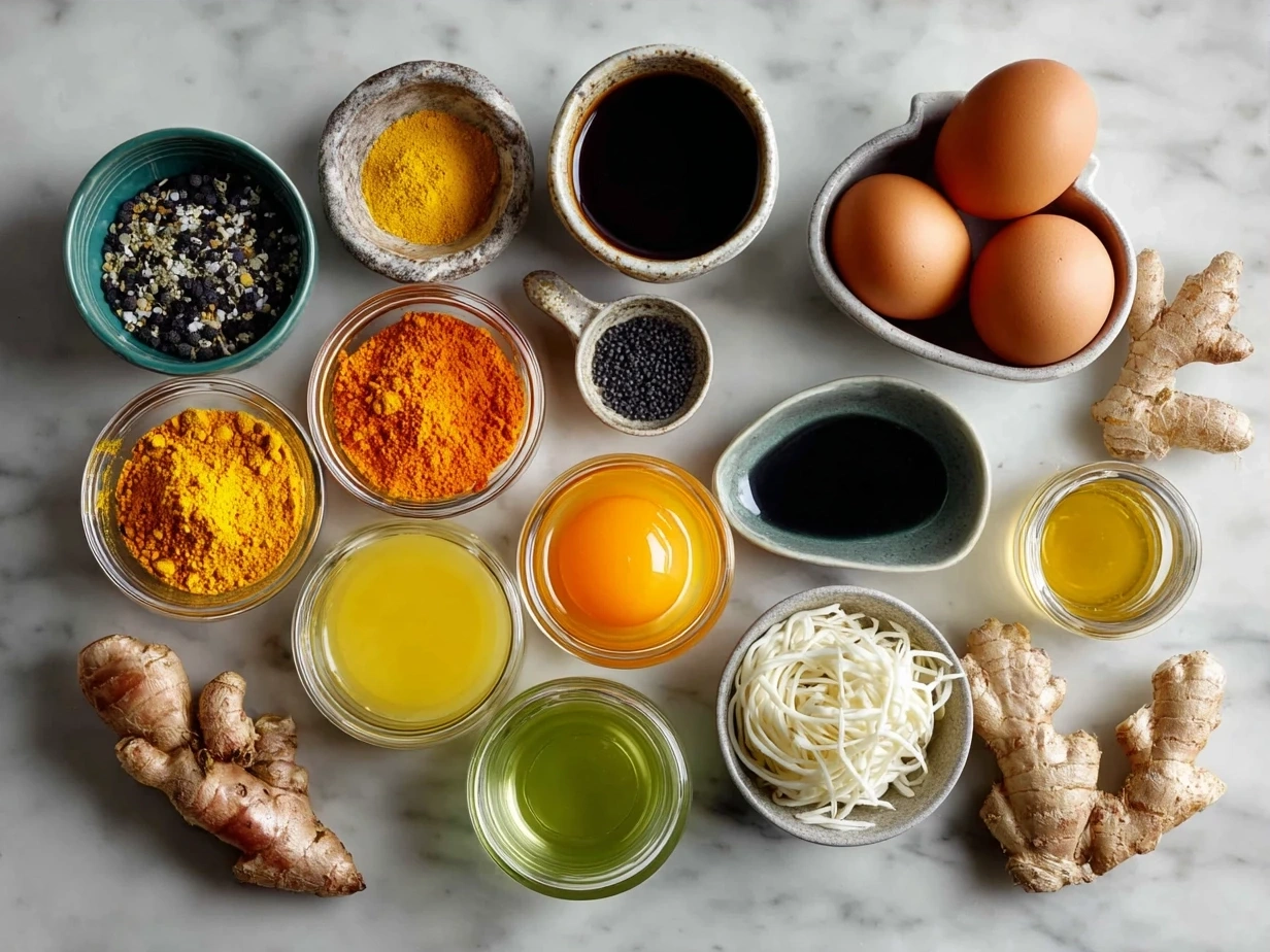 Ingredients for Turmeric Ginger Chicken Noodle Soup arranged on a kitchen counter