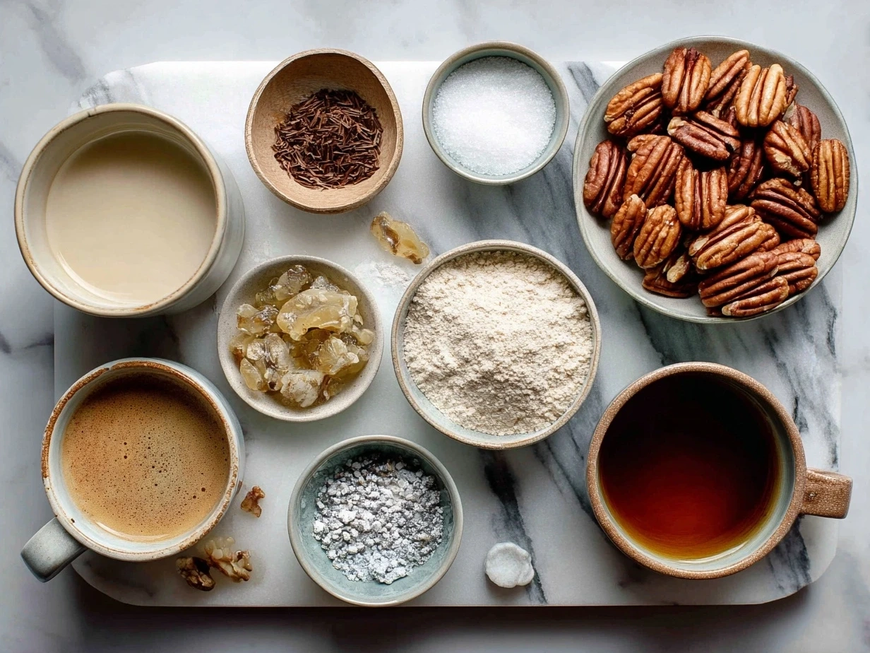 Ingredients for Vanilla Pecan Pralines including toasted pecans, sugars, milk, butter, and vanilla extract