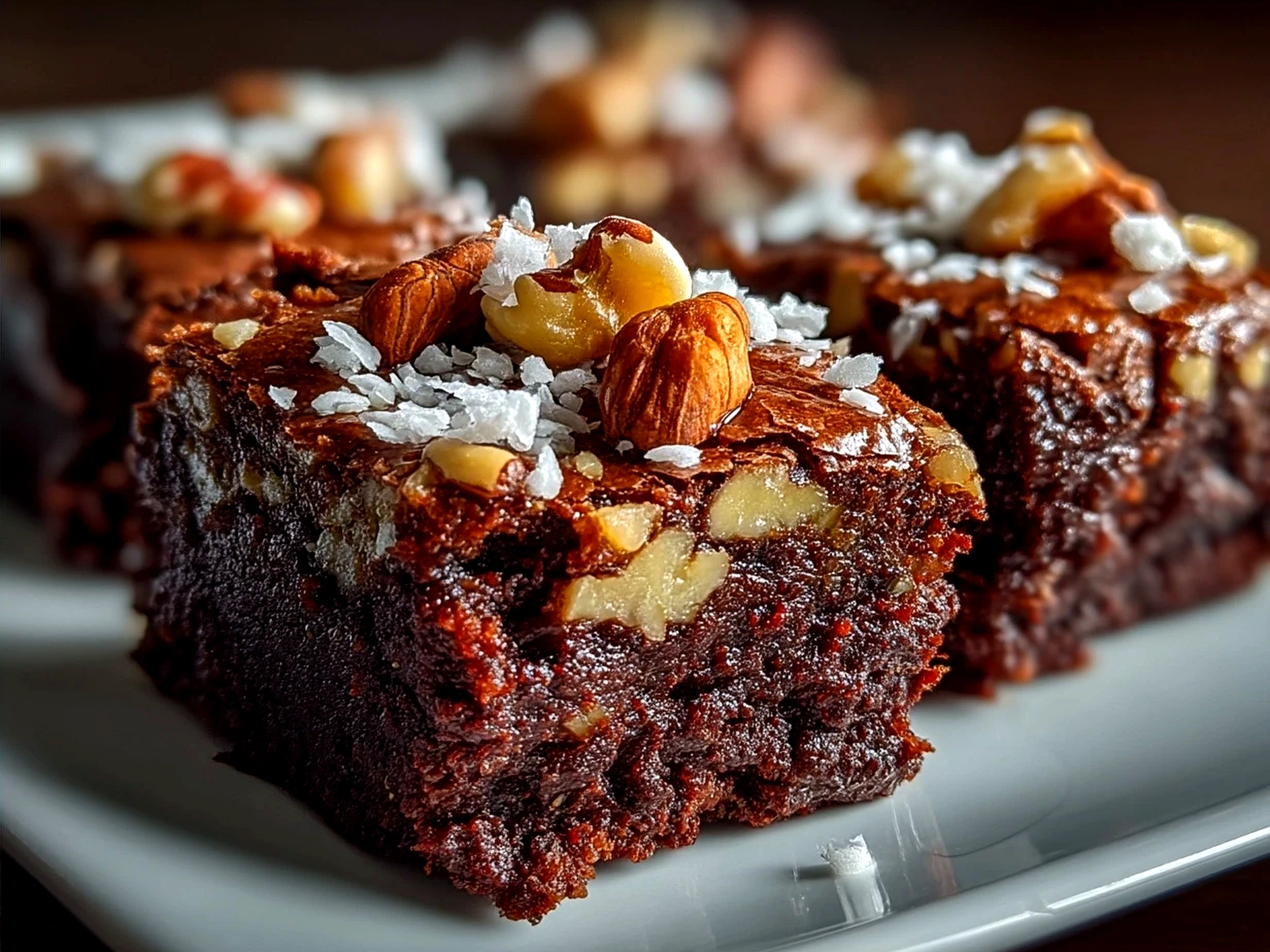 Vegan No-Bake Brownies with Dates Nuts served on a plate with oat milk latte