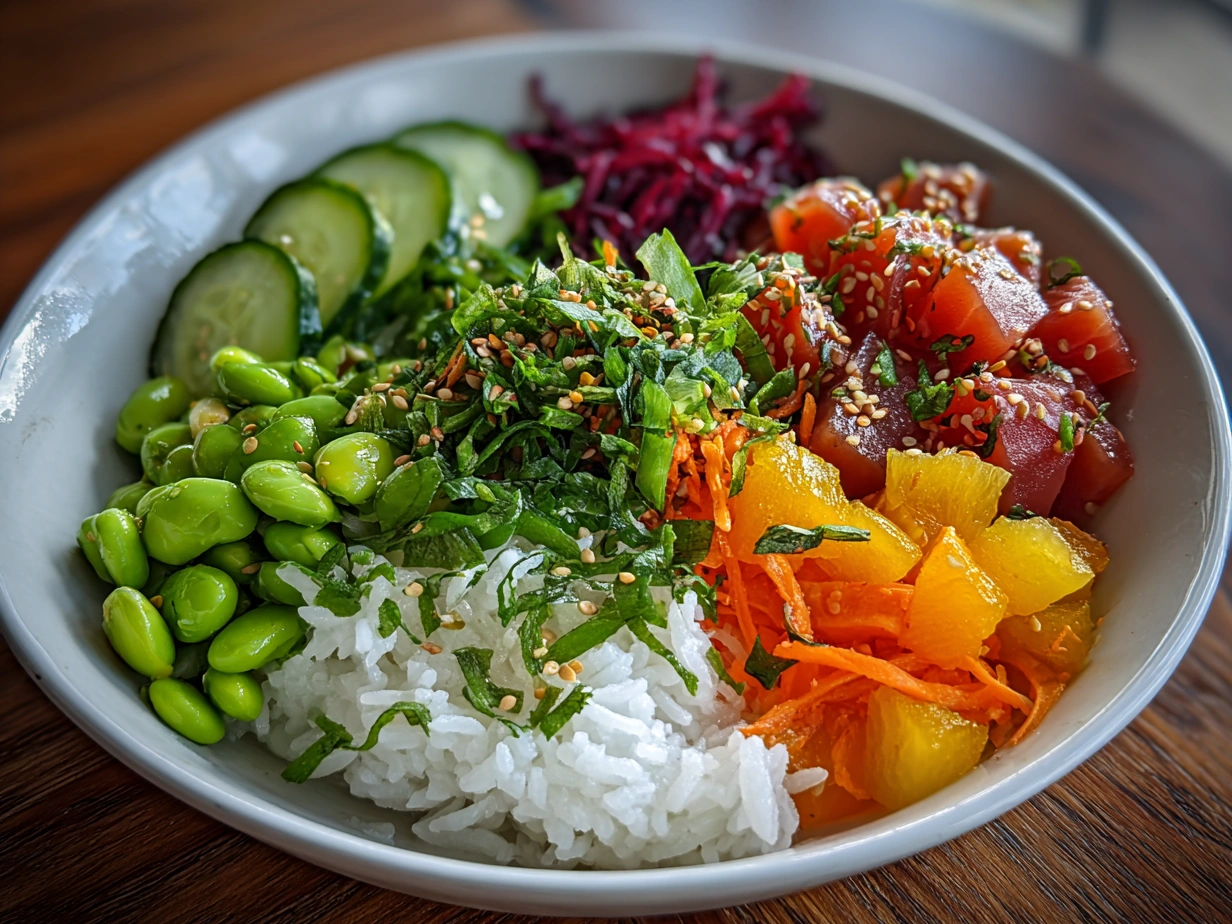 Final delicious Vegan Poke Bowl ready to be enjoyed with fresh veggies and tofu