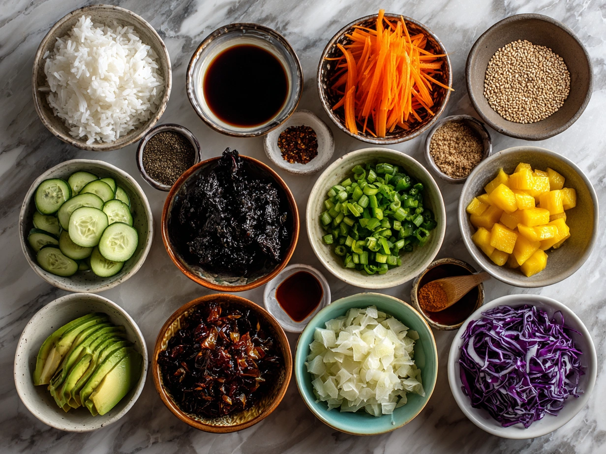 Ingredients for Vegan Poke Bowl including tofu, rice, avocado, nori and fresh vegetables