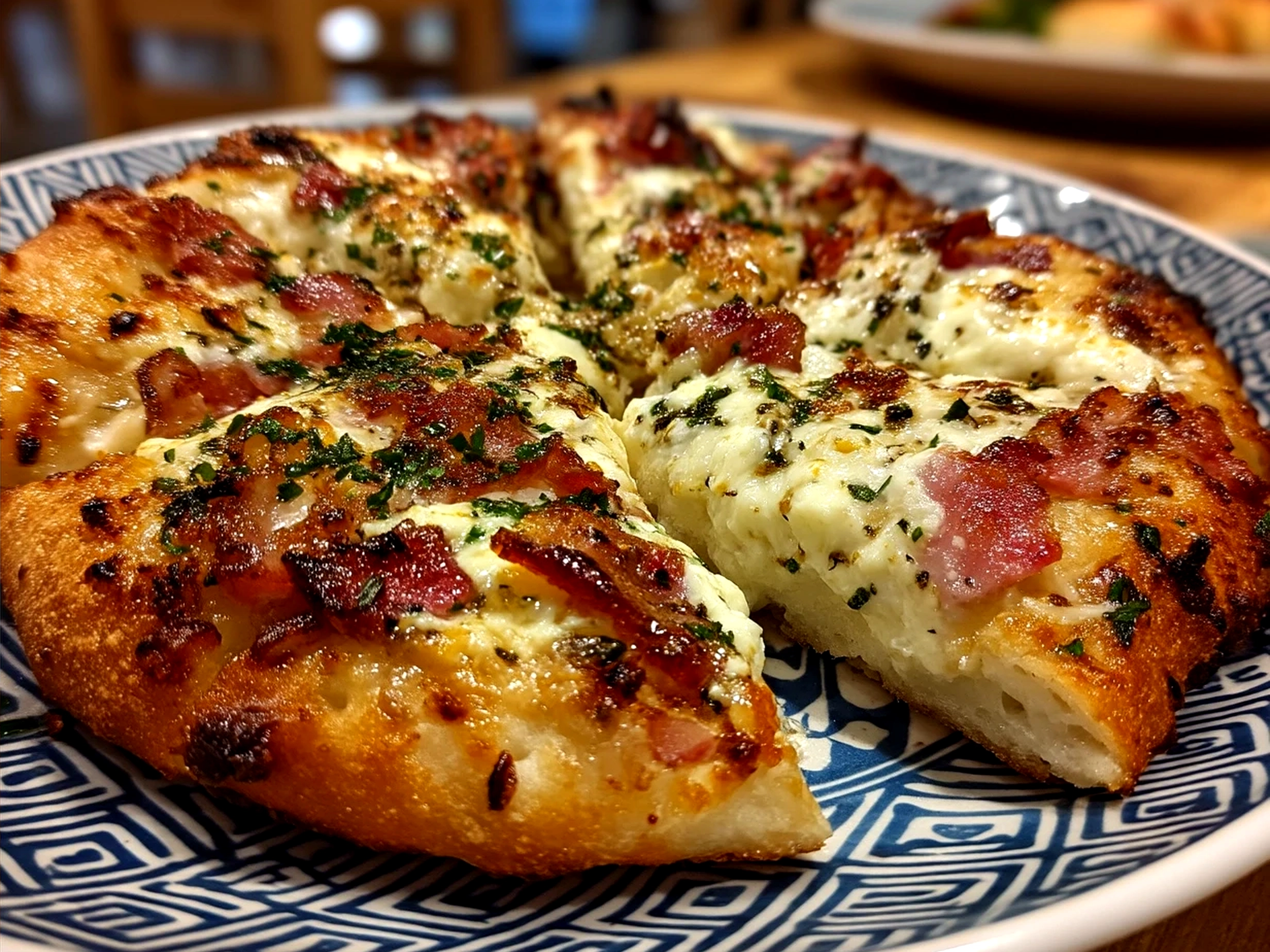 Freshly baked White Pizza with golden cheese and herb toppings ready to serve