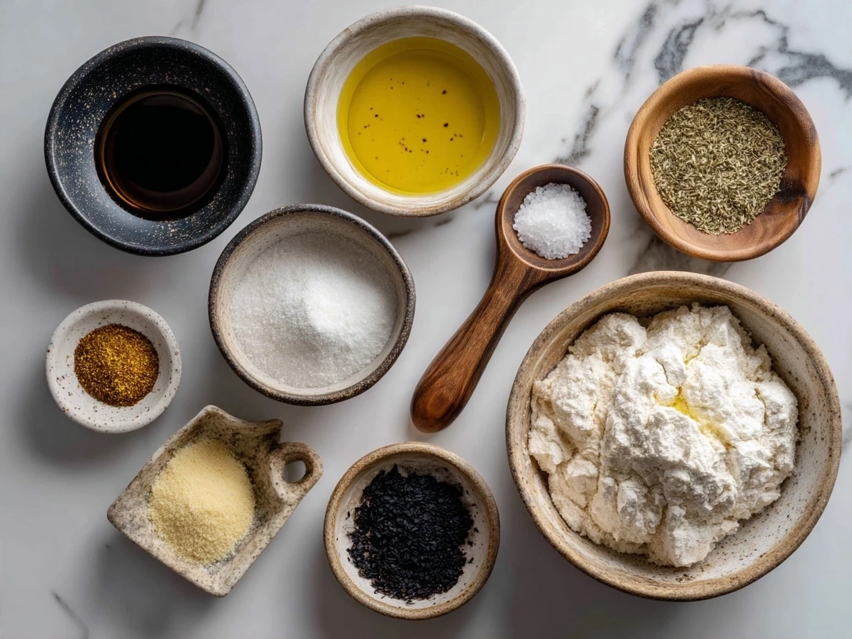 Ingredients including ricotta, mozzarella, Parmesan, garlic, and herbs laid out for White Pizza