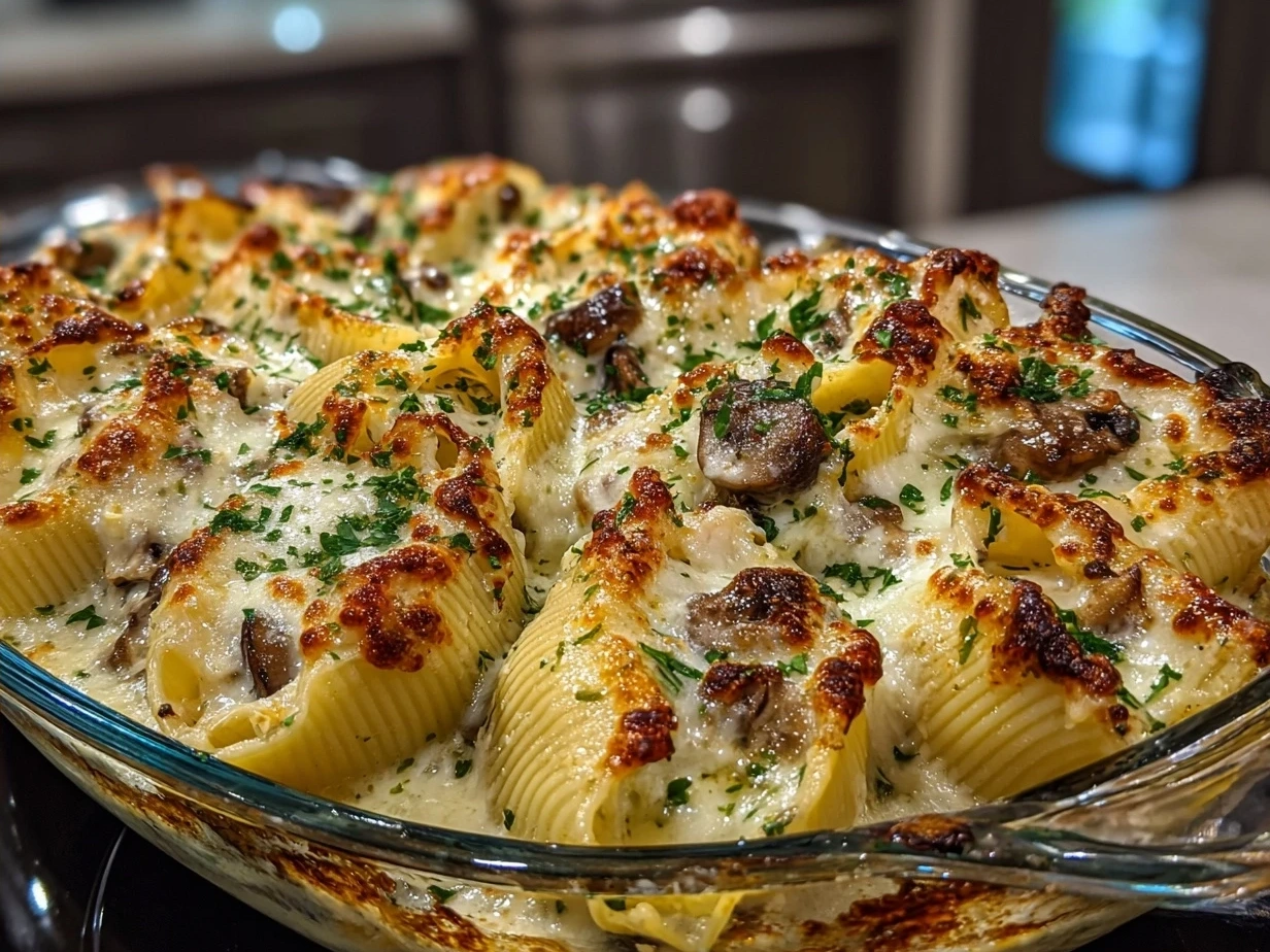 A serving of White Wine Mushroom Stuffed Shells garnished with fresh parsley