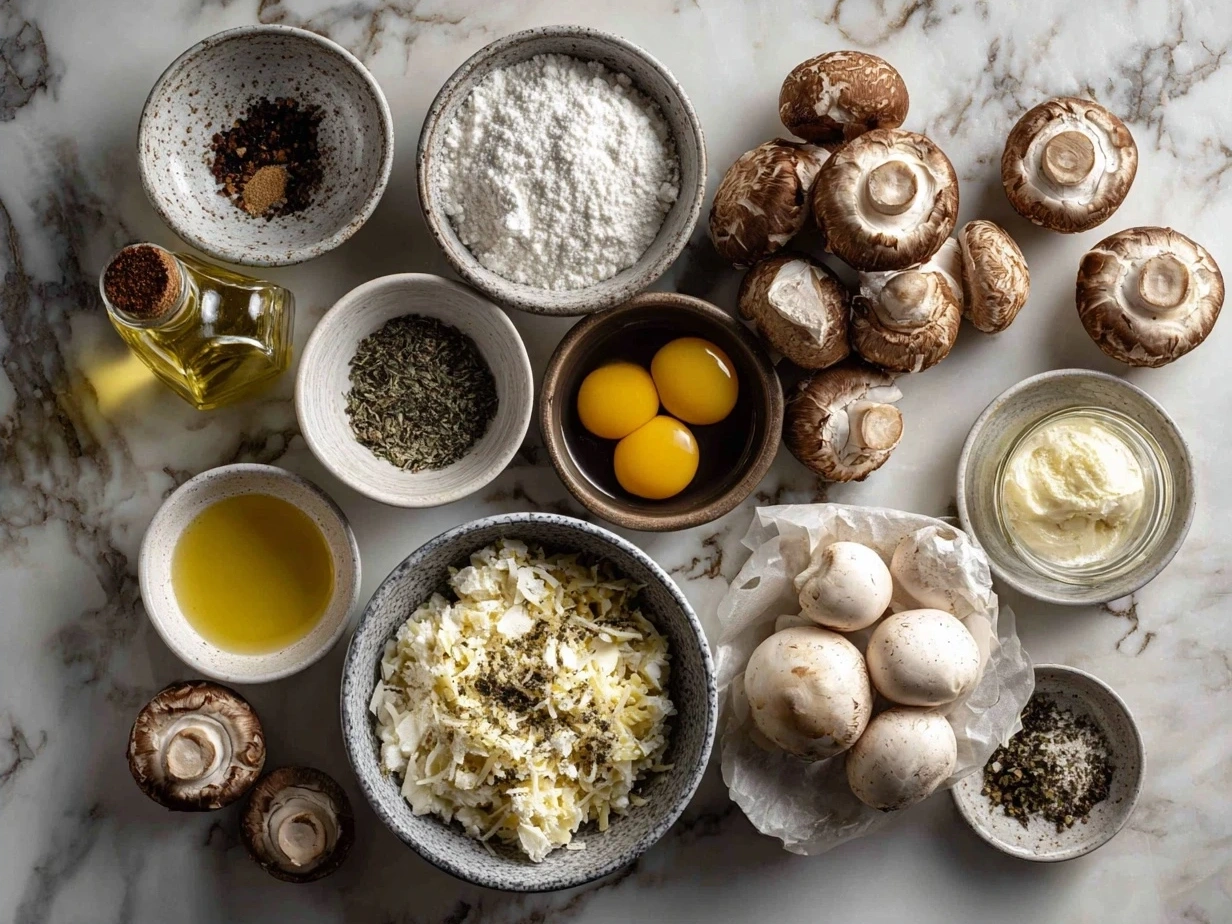 Ingredients for White Wine Mushroom Stuffed Shells laid out on a surface