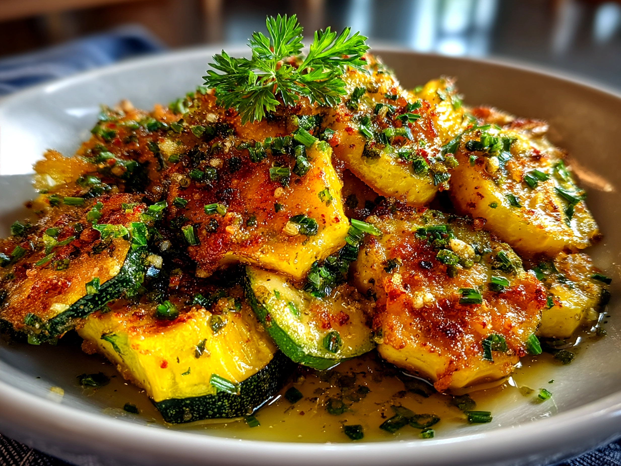 Serving of Yellow Squash Parmesan golden crust garnished with fresh thyme
