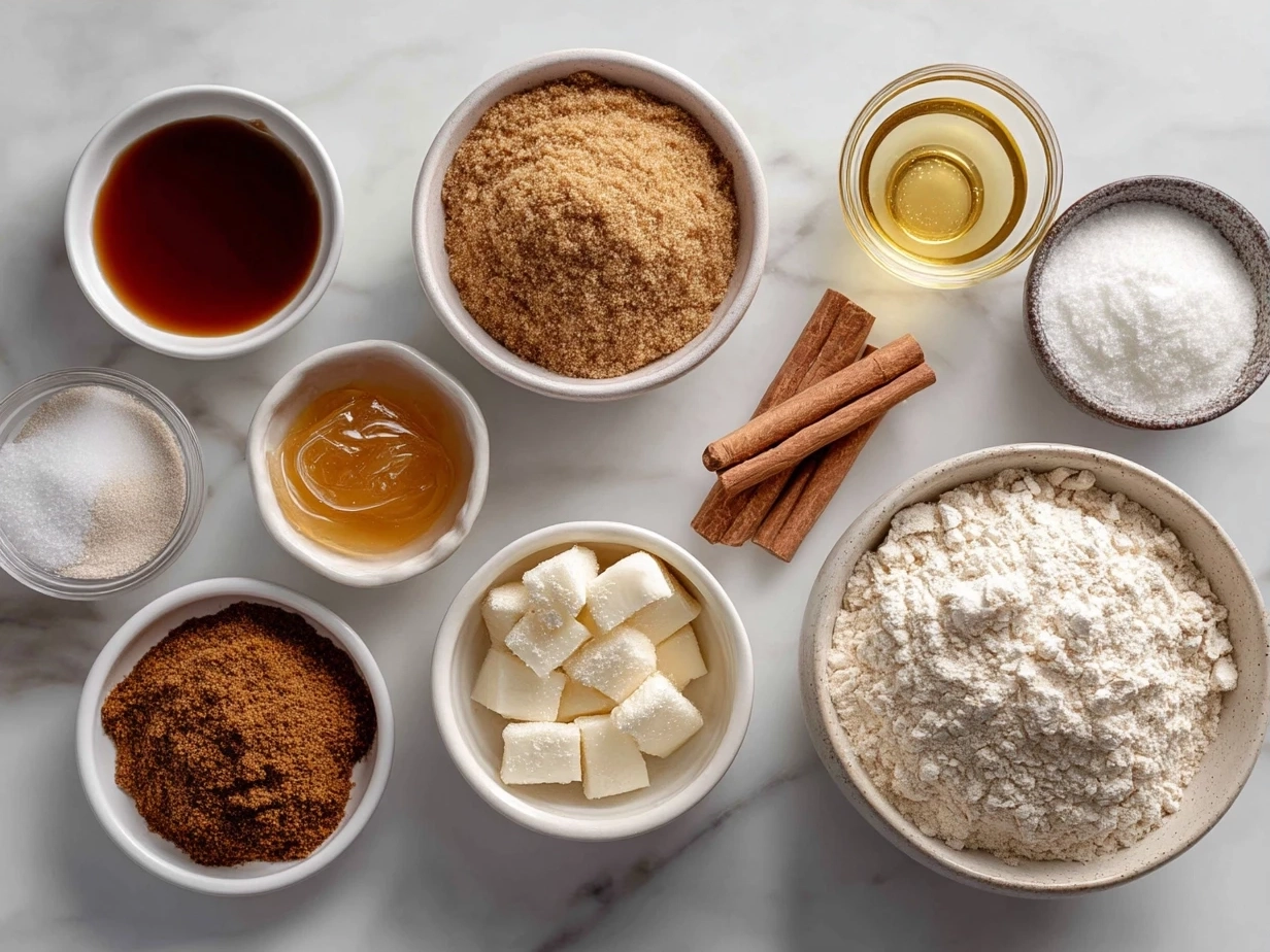 Ingredients for Air Fryer Apple Pie Bombs including apples, butter, brown sugar, cinnamon, nutmeg, vanilla extract, puff pastry, and egg