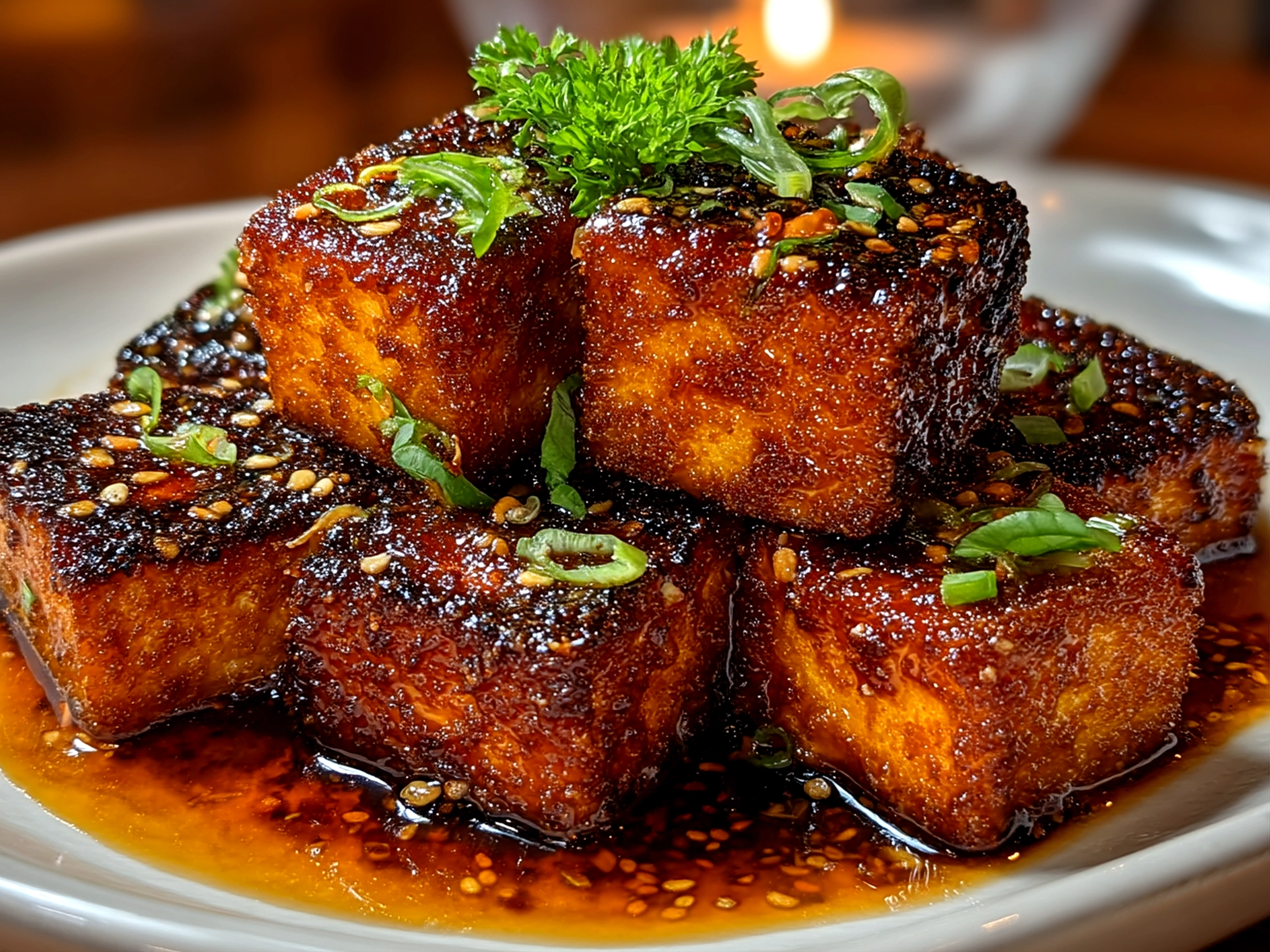 Close-up of finished comforting Crispy Teriyaki Tofu Cubes in a bowl, rich and inviting with a golden crisp texture, captured at slight angle