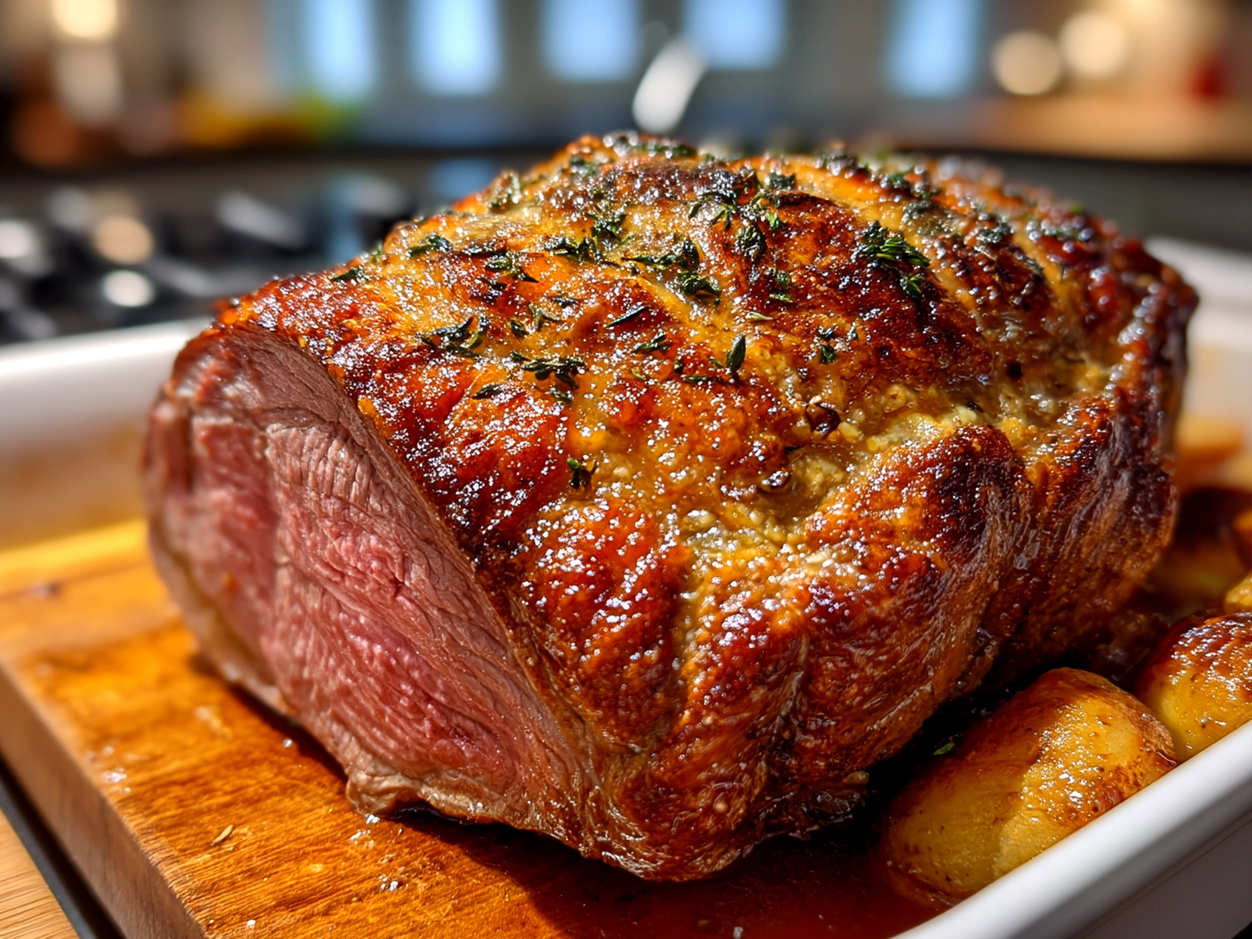 Close-up of finished Roast Beef in the Oven served on a warm, vibrant platter