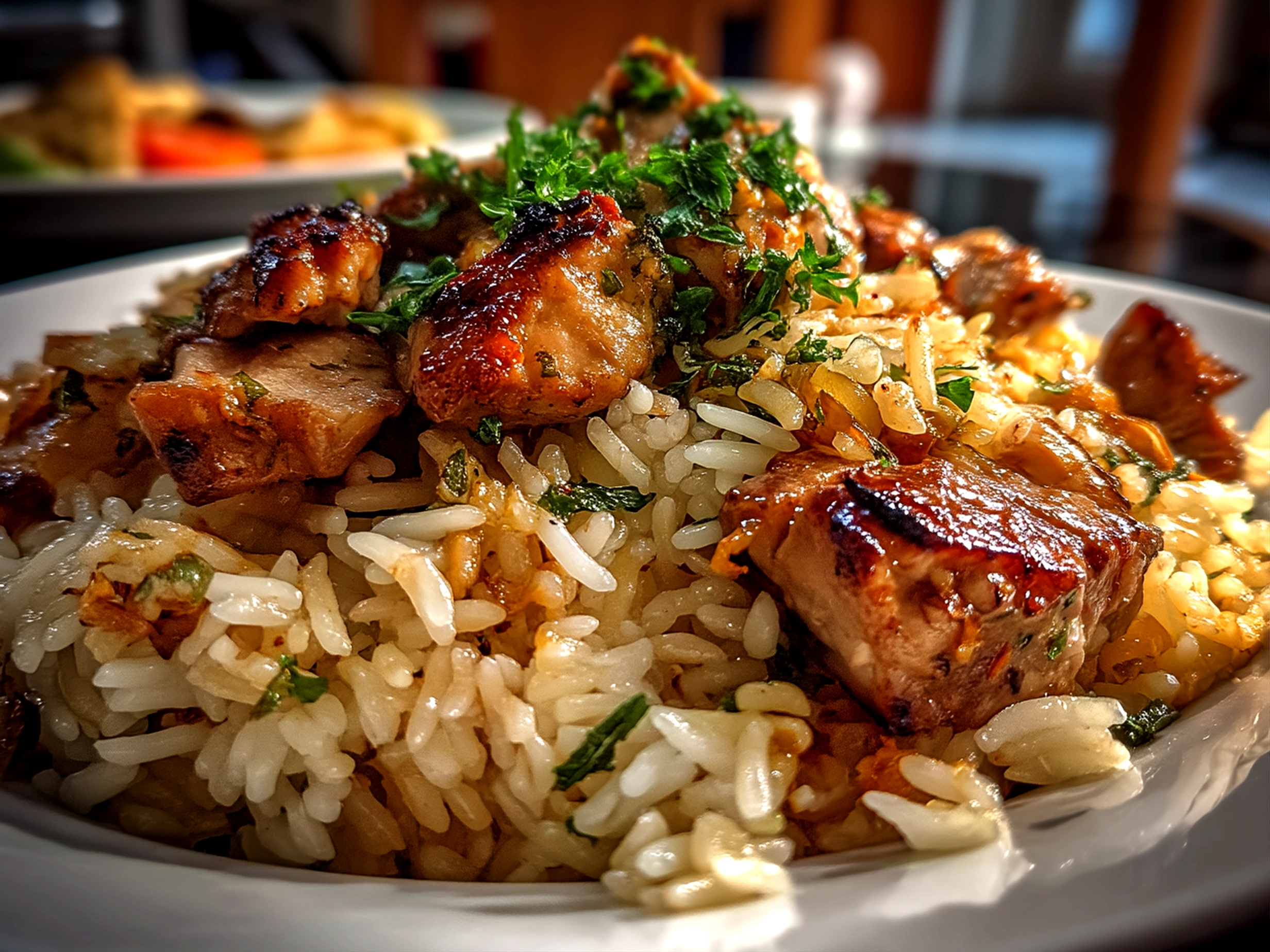 Close up of finished comforting Smothered Chicken Rice, warm and appetizing