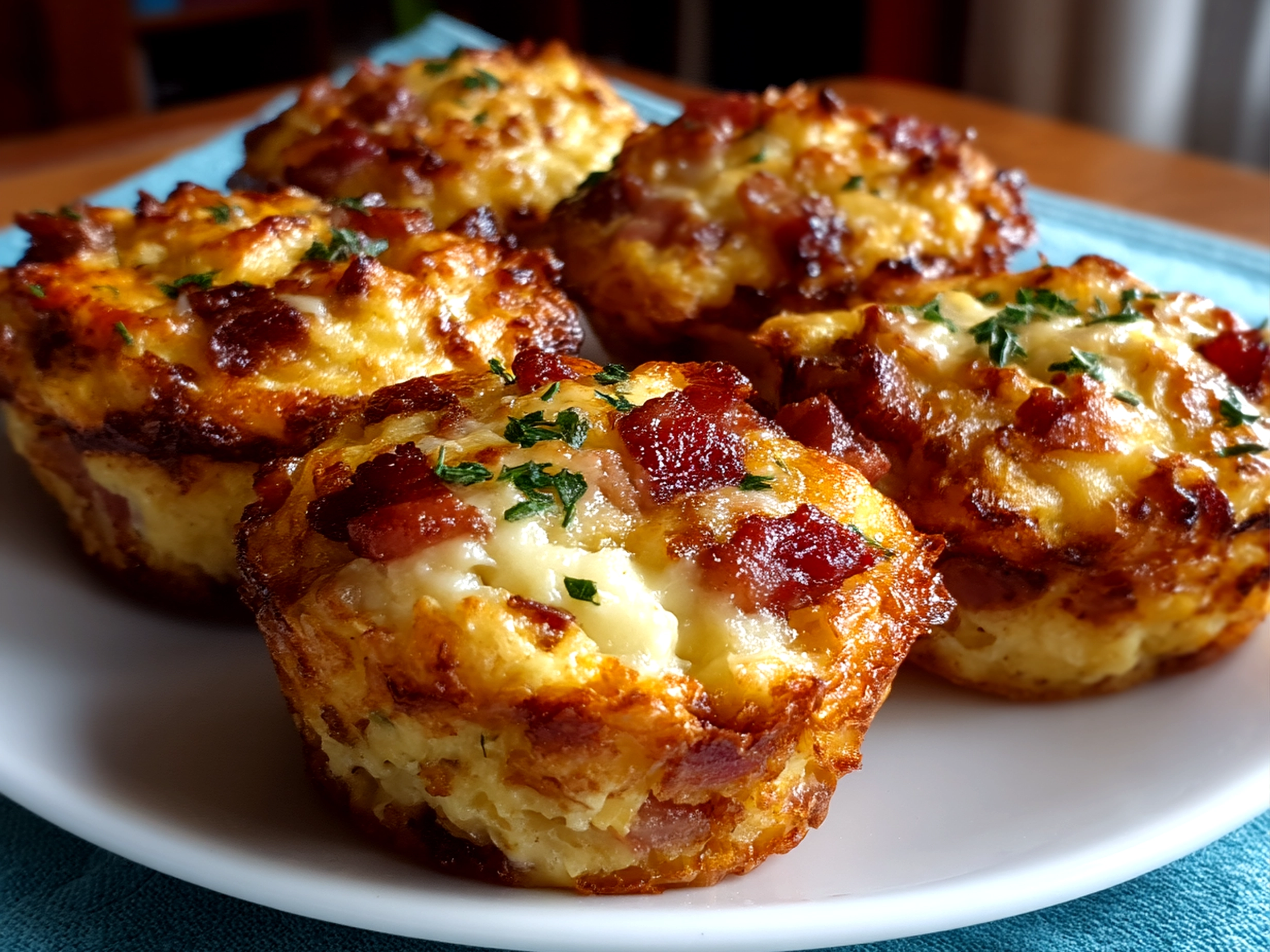 Close-up of finished delicious Loaded Bacon and Egg Hash Brown Muffins, warm and appetizing, taken with iPhone 13
