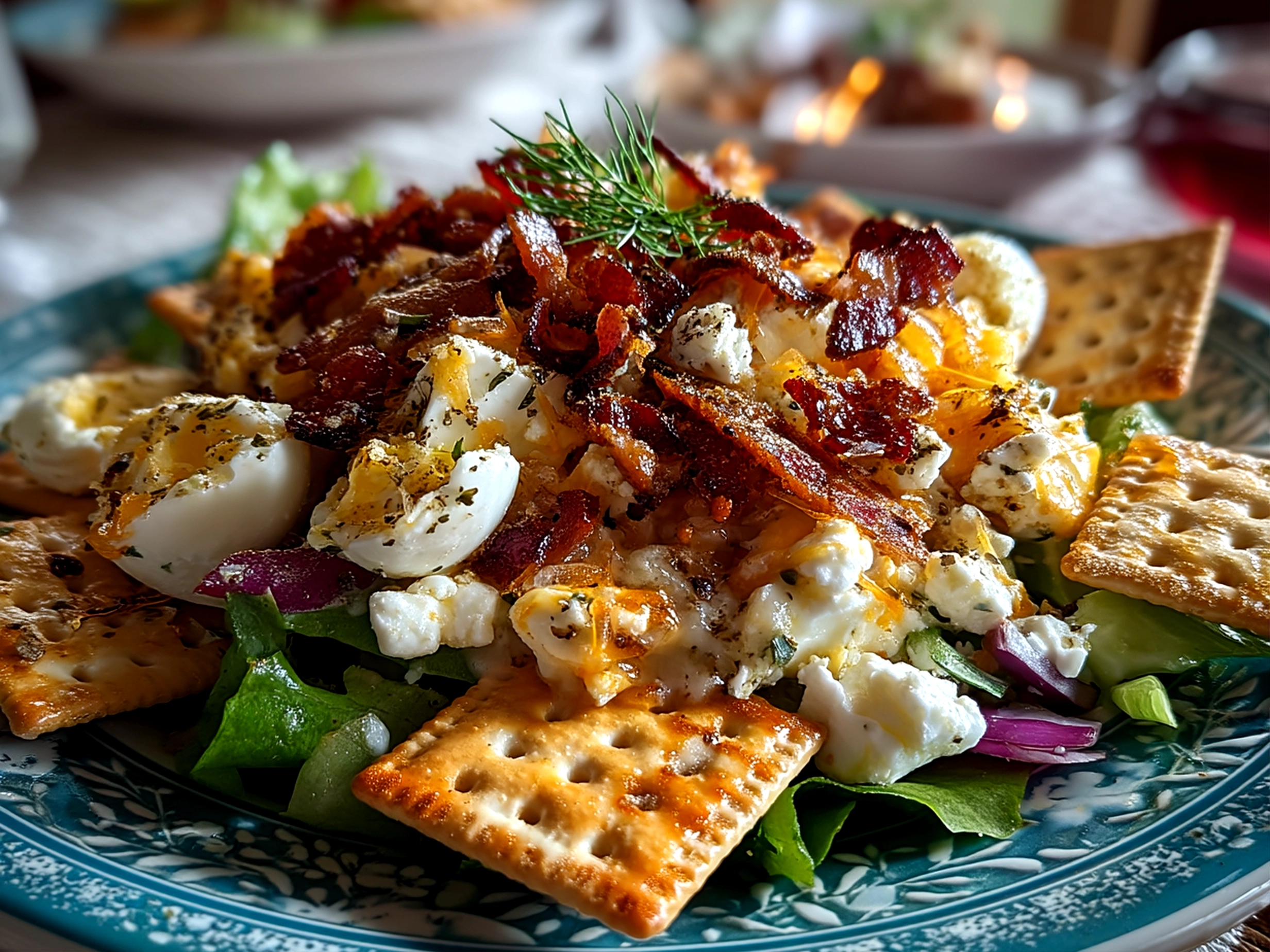 Close up of finished homemade Georgia cracker salad in a glass bowl, ready to serve