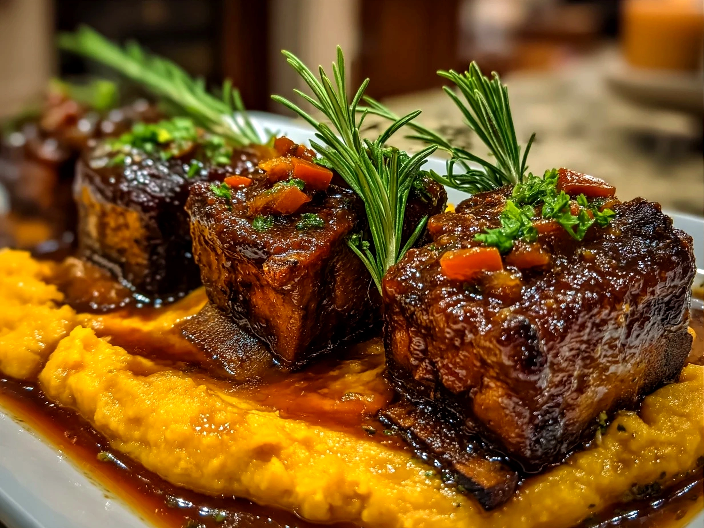 Serving Apple Cider Braised Short Ribs with Rosemary Mashed Sweet Potatoes