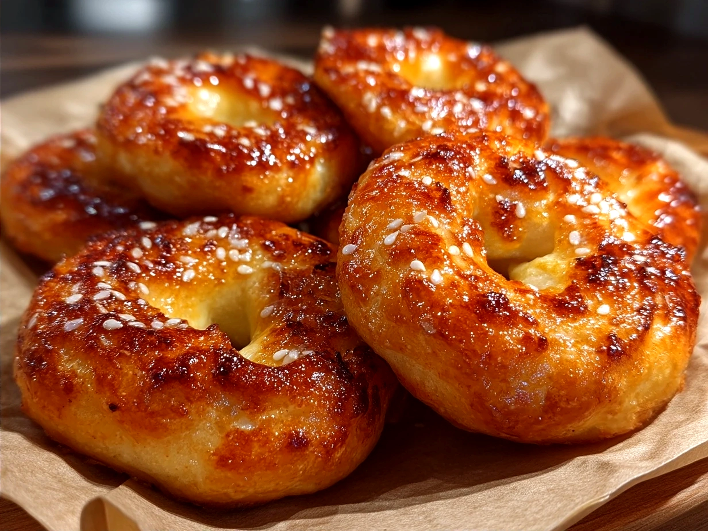 Freshly baked apple pie bagels served in a rustic basket with cinnamon sugar dusting