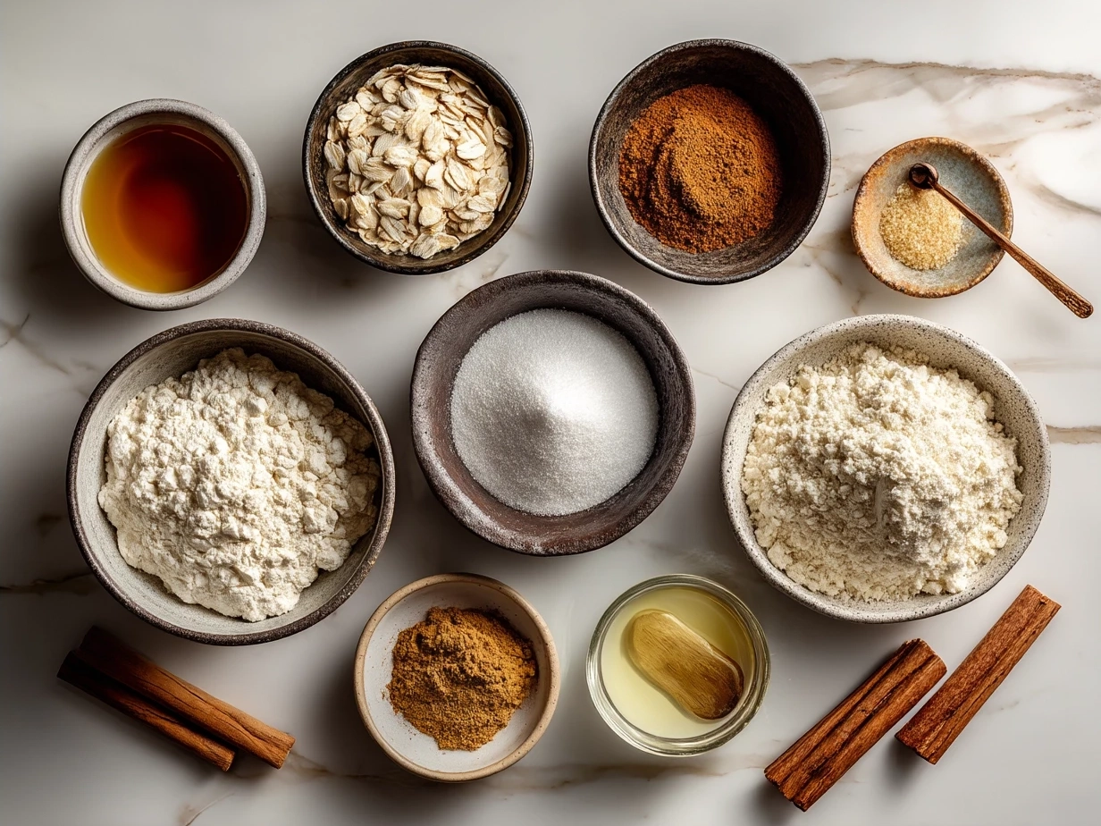 Ingredients for making apple pie bagels including flour, apples, cinnamon, and sugar