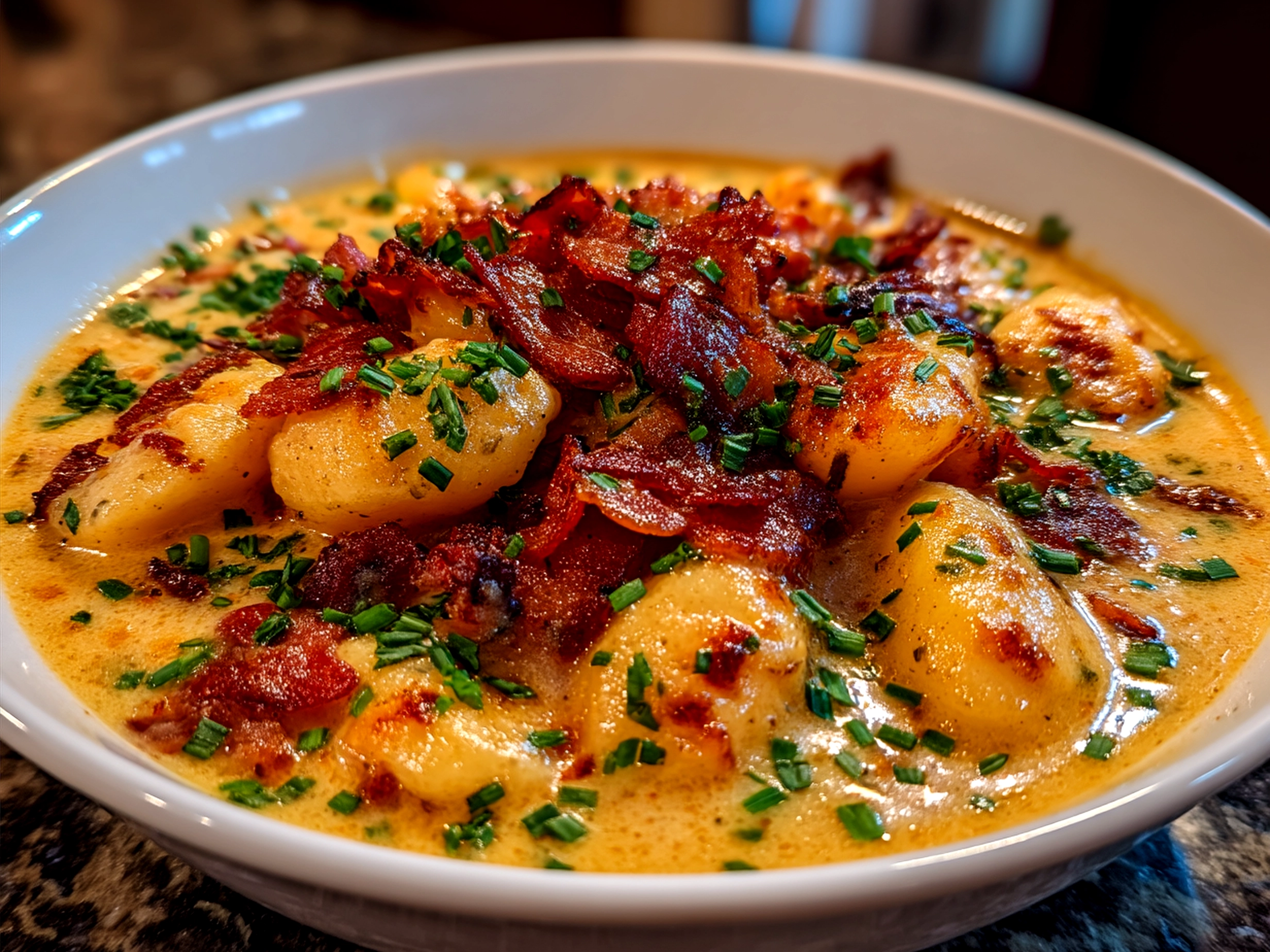Serving of Bacon Cheddar Gnocchi Soup in a bowl