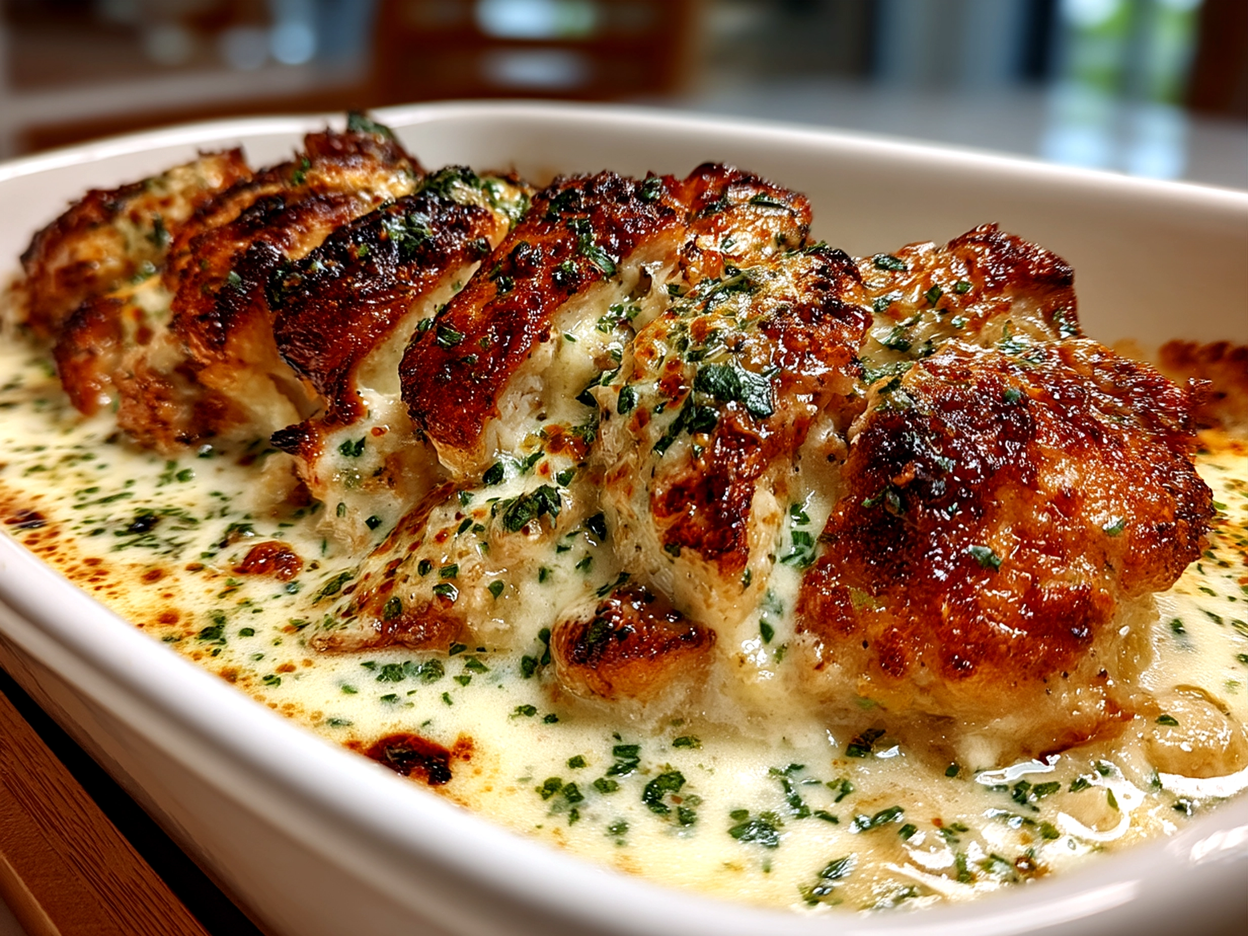 Baked Caesar Chicken with Creamy Parmesan Sauce served on plate