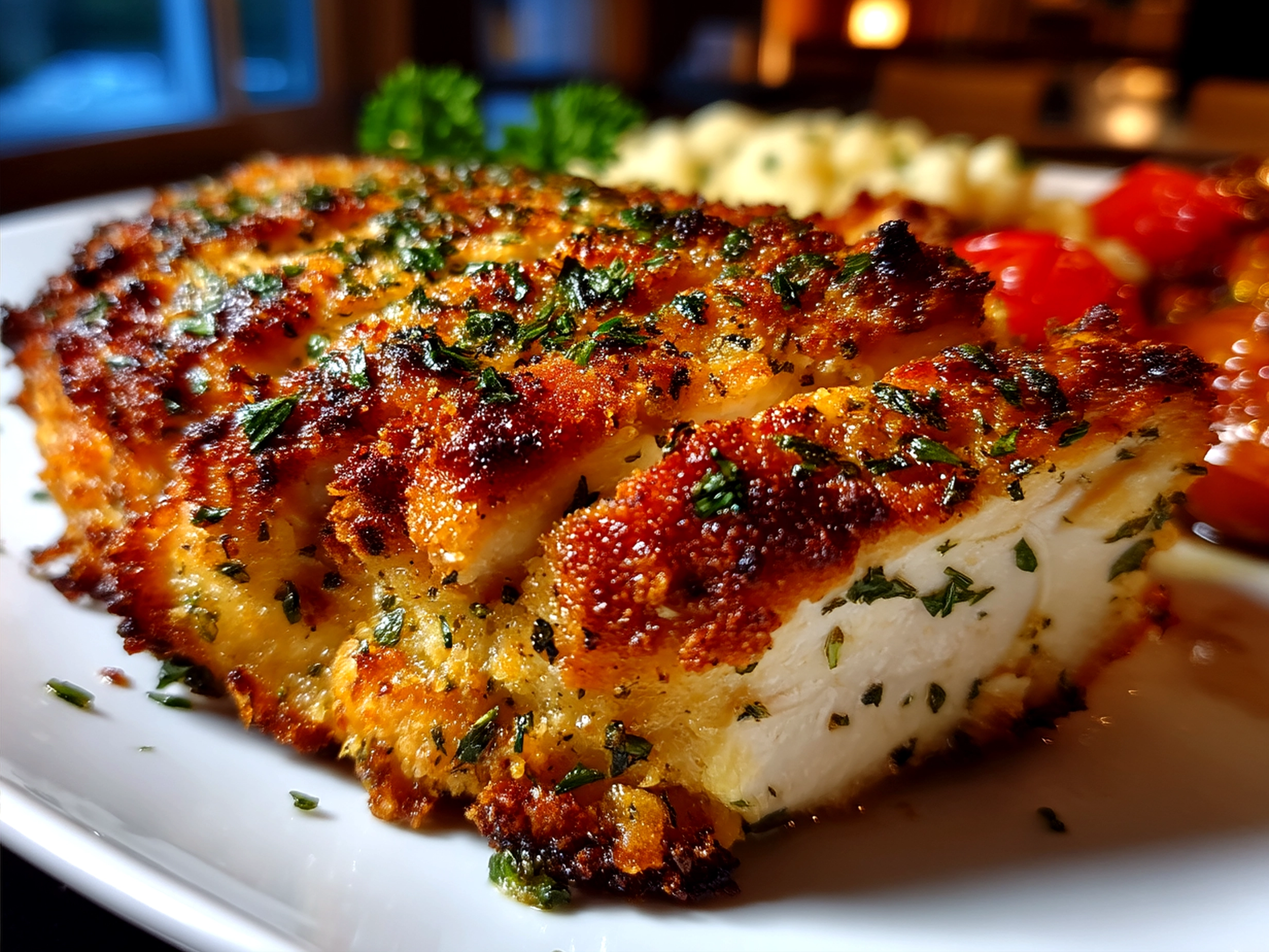 Serving of Baked Parmesan Crusted Chicken with fresh herbs and side salad