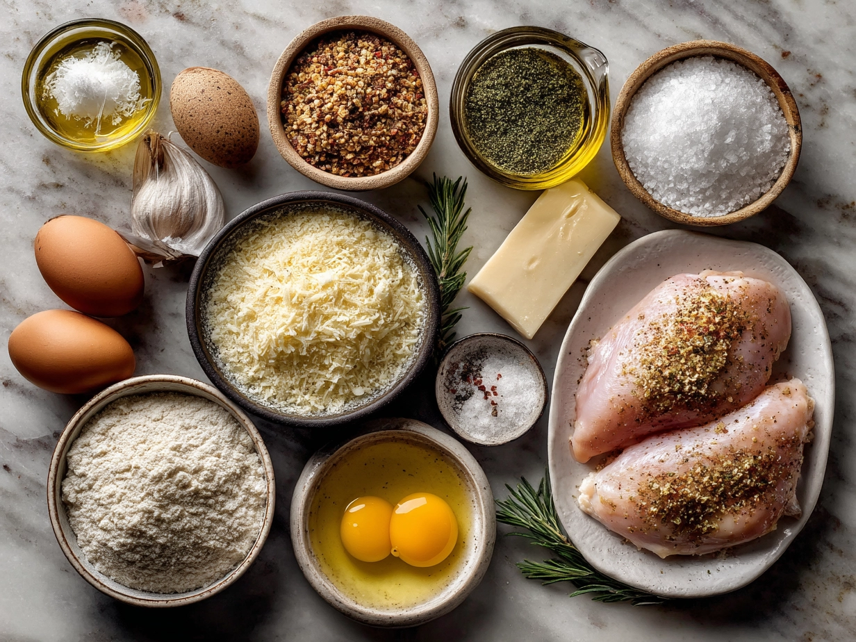 Ingredients laid out for Baked Parmesan Crusted Chicken including chicken breasts, parmesan, panko, and spices