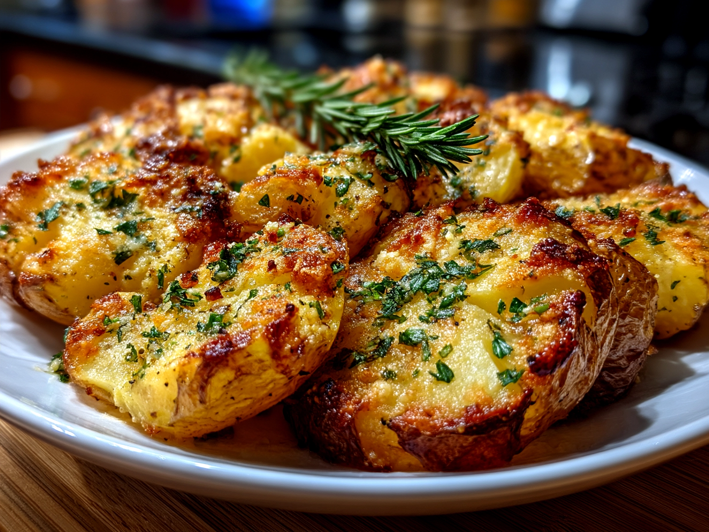 Serving Baked Smashed Garlic Parmesan Potatoes on a plate garnished with fresh parsley