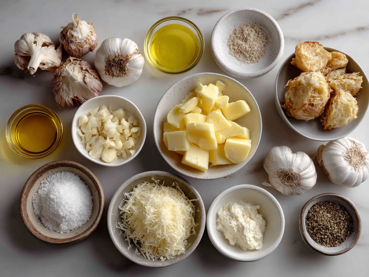 Ingredients for Baked Smashed Garlic Parmesan Potatoes including potatoes, garlic, parmesan, and herbs