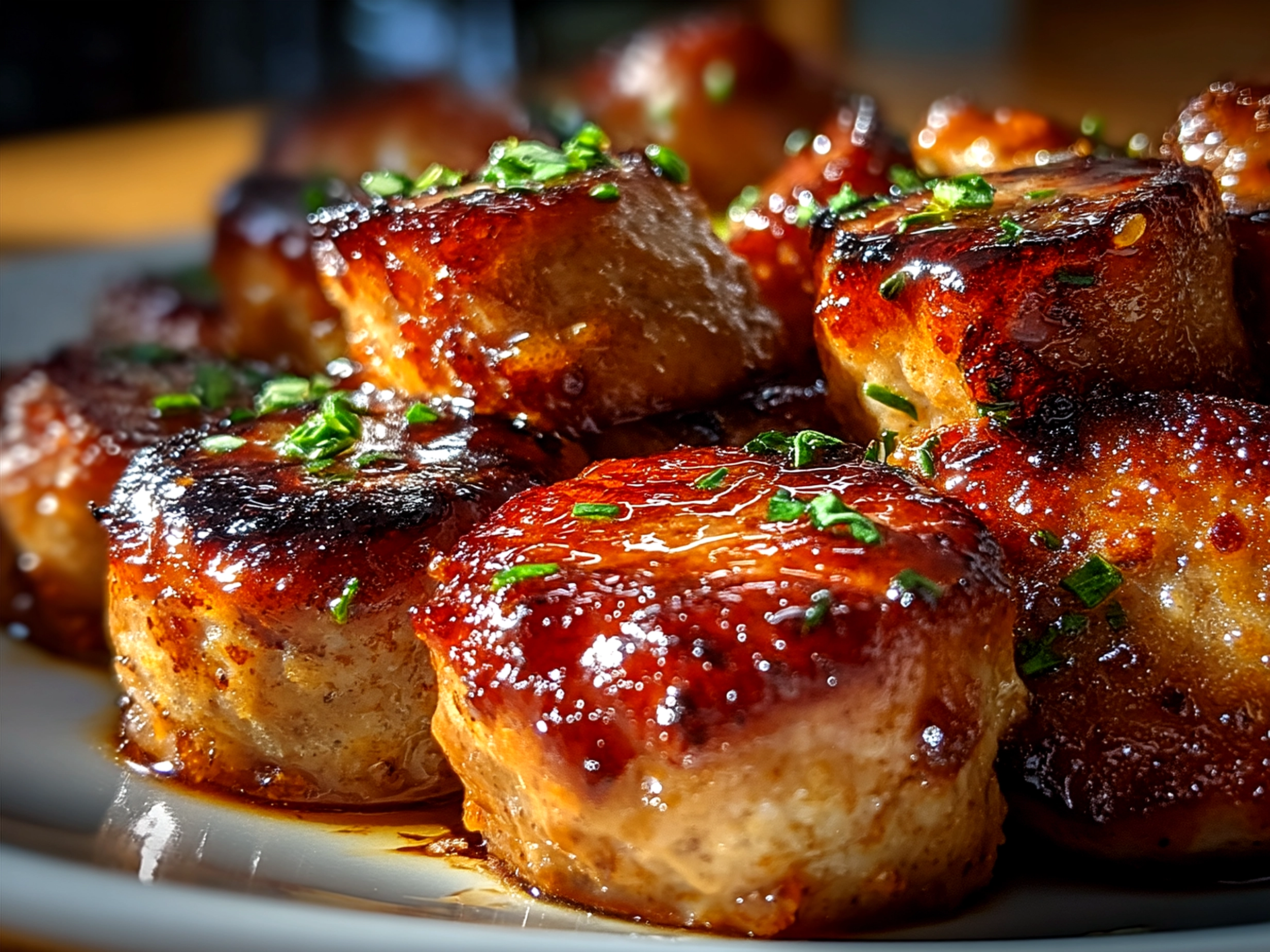 Serving platter of BBQ Sausage Bites garnished with fresh parsley